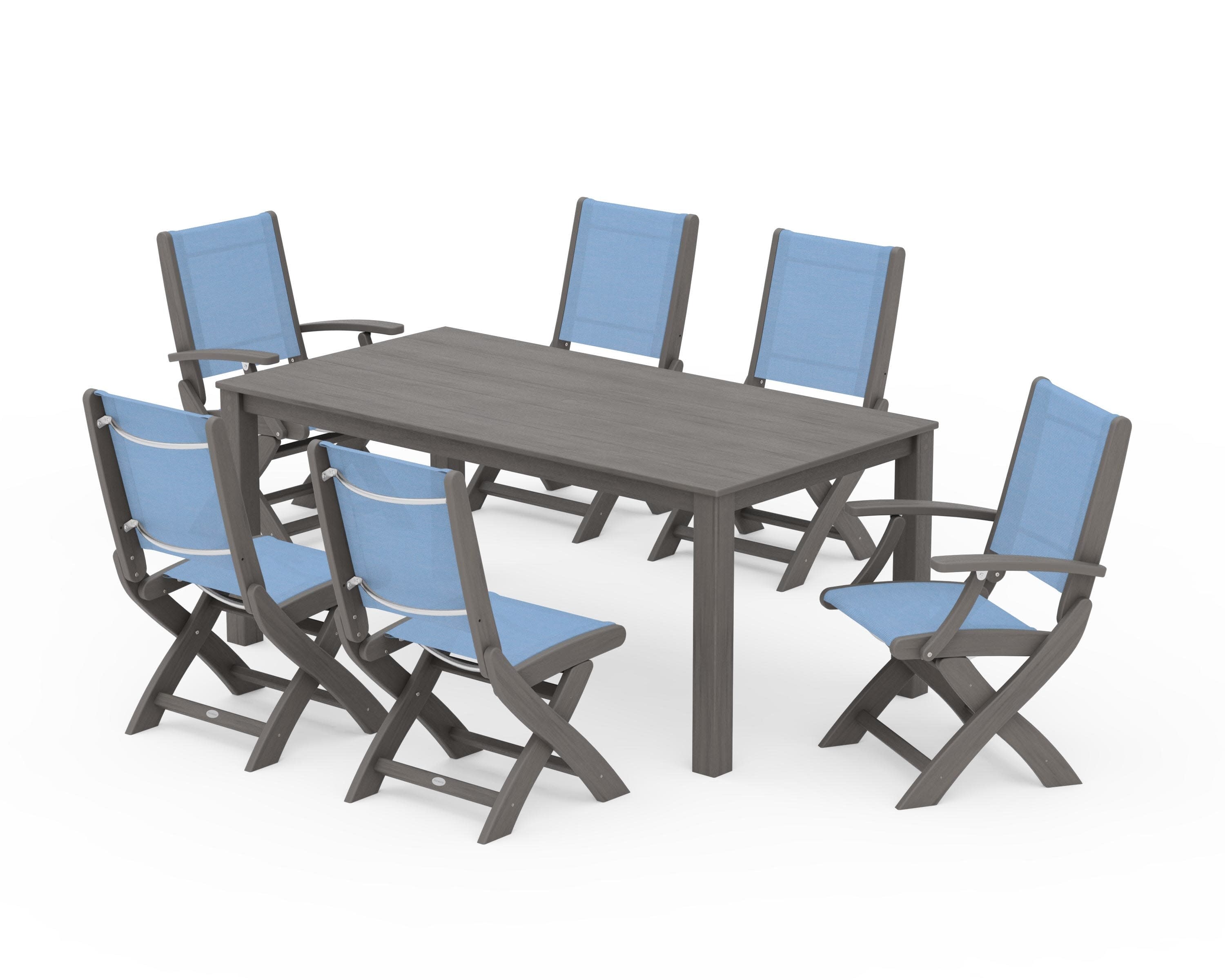 Coastal Folding Chair 7-Piece Parsons Dining Set in Driftwood / Poolside Sling