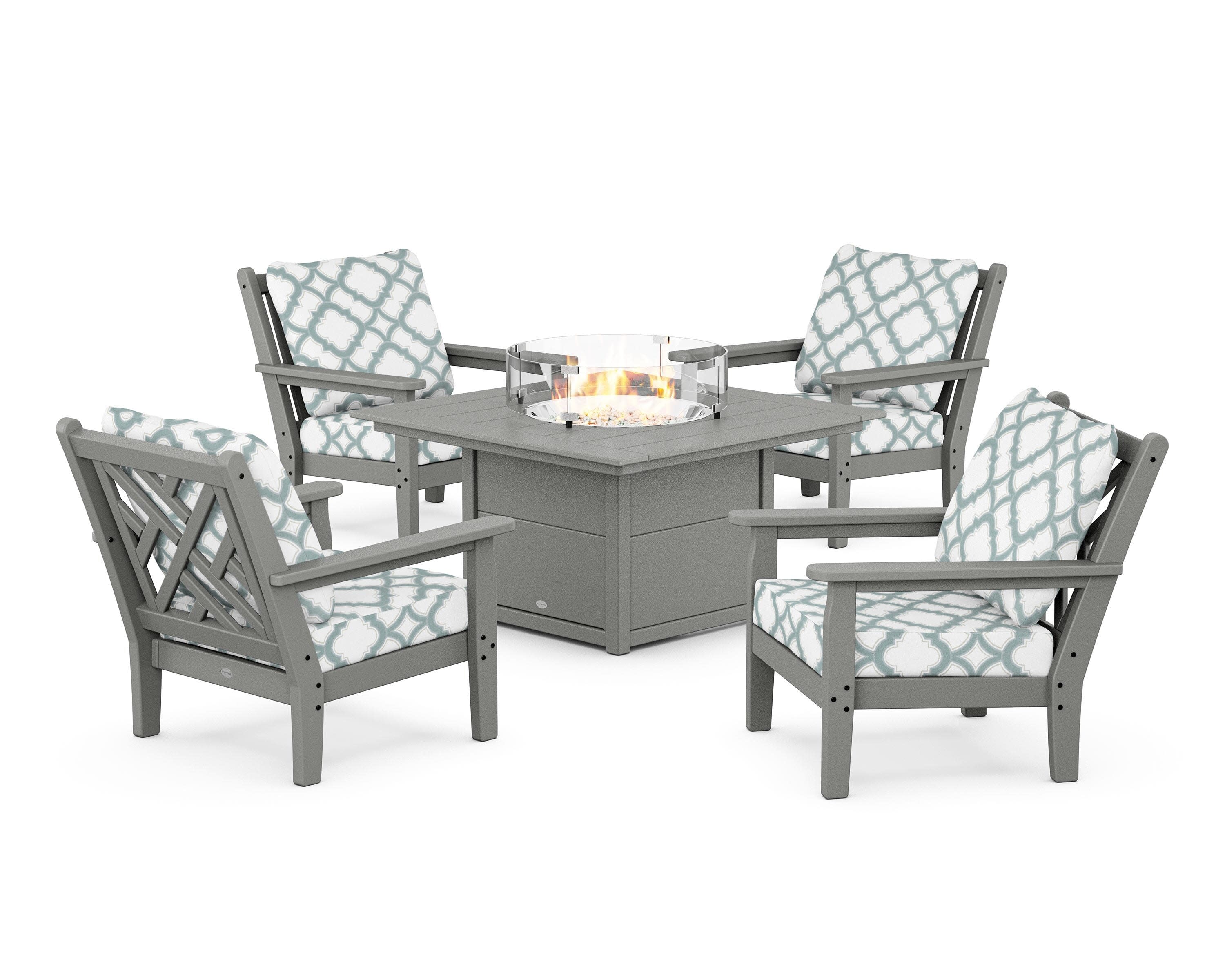 Chippendale 5-Piece Deep Seating Set with Fire Pit Table in Slate Grey / Trellis Glacier Spa