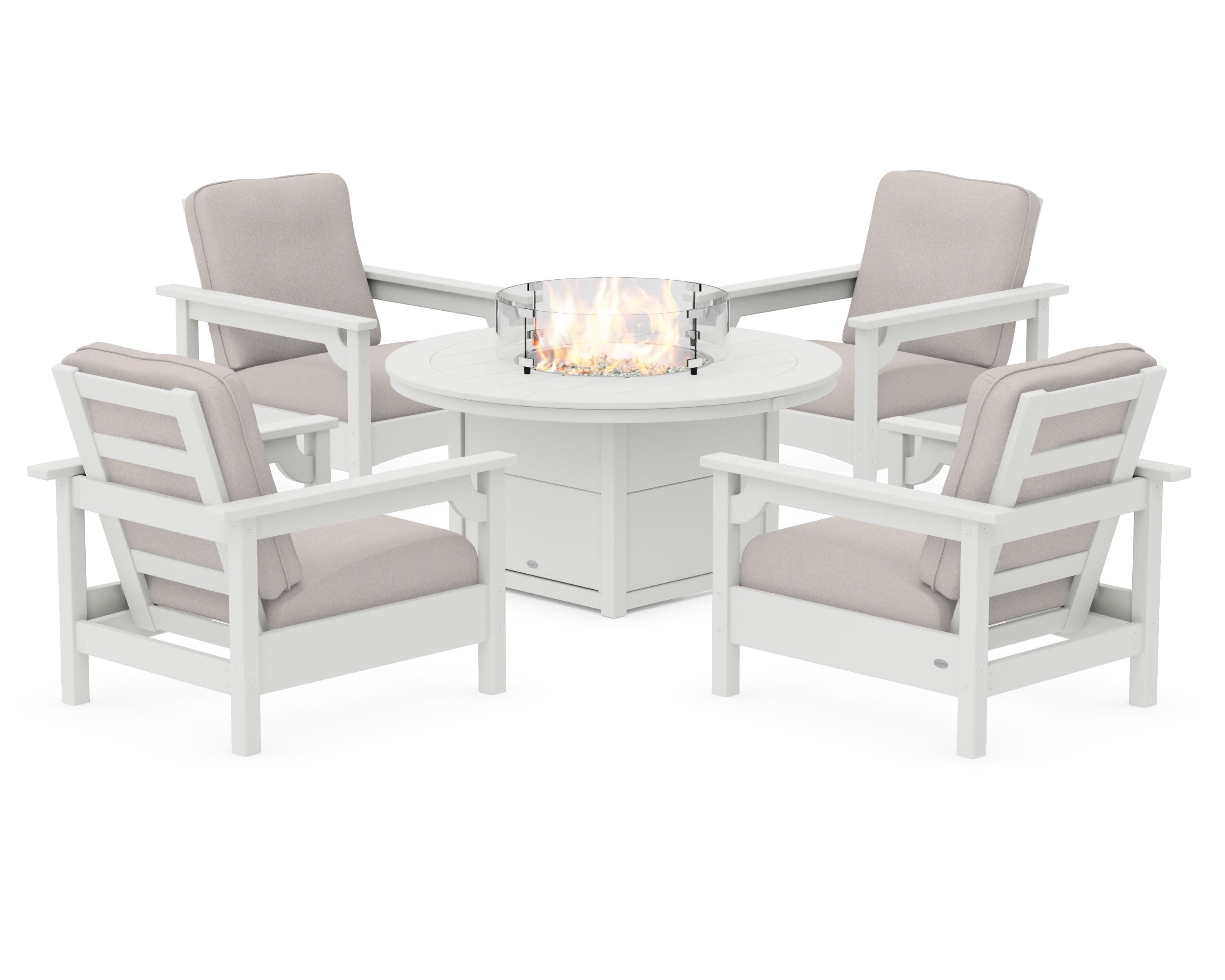 Club 5-Piece Conversation Set with Fire Pit Table in Vintage White / Dune Burlap