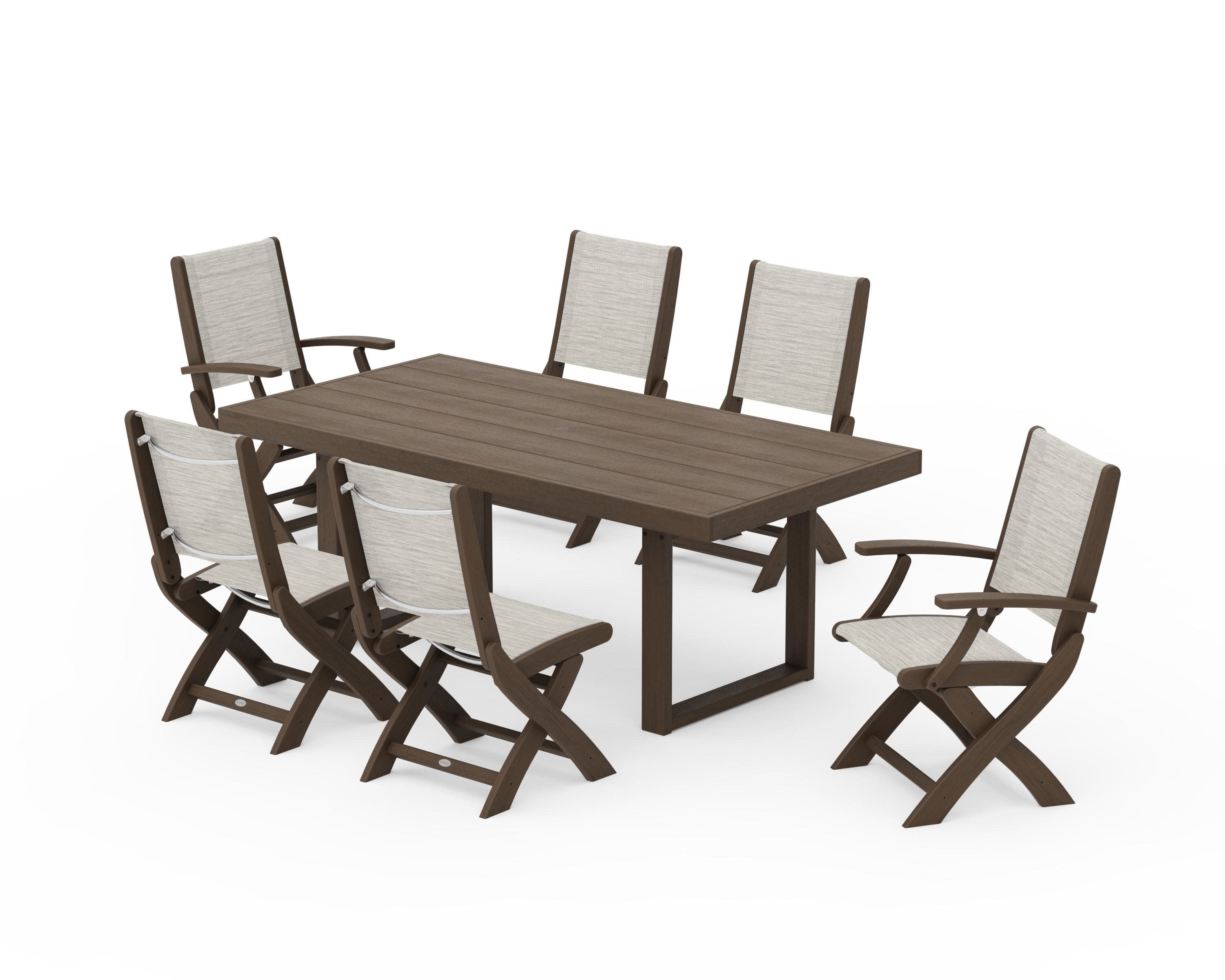 Coastal Folding Chair 7-Piece Dining Set with Trestle Legs in Kona / Birch Sling