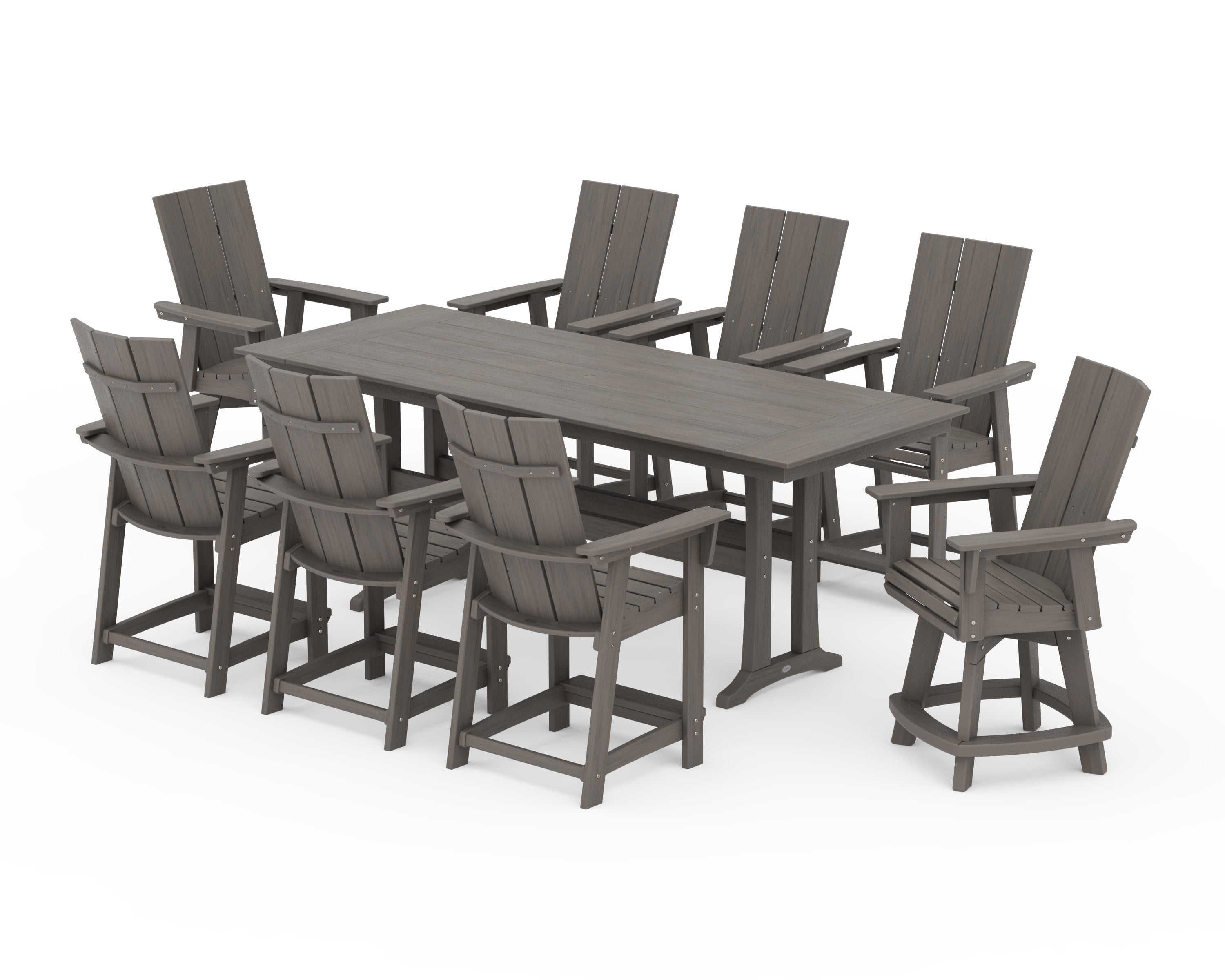 Modern Curveback Adirondack Swivel 9-Piece Farmhouse Counter Set with Trestle Legs in Driftwood