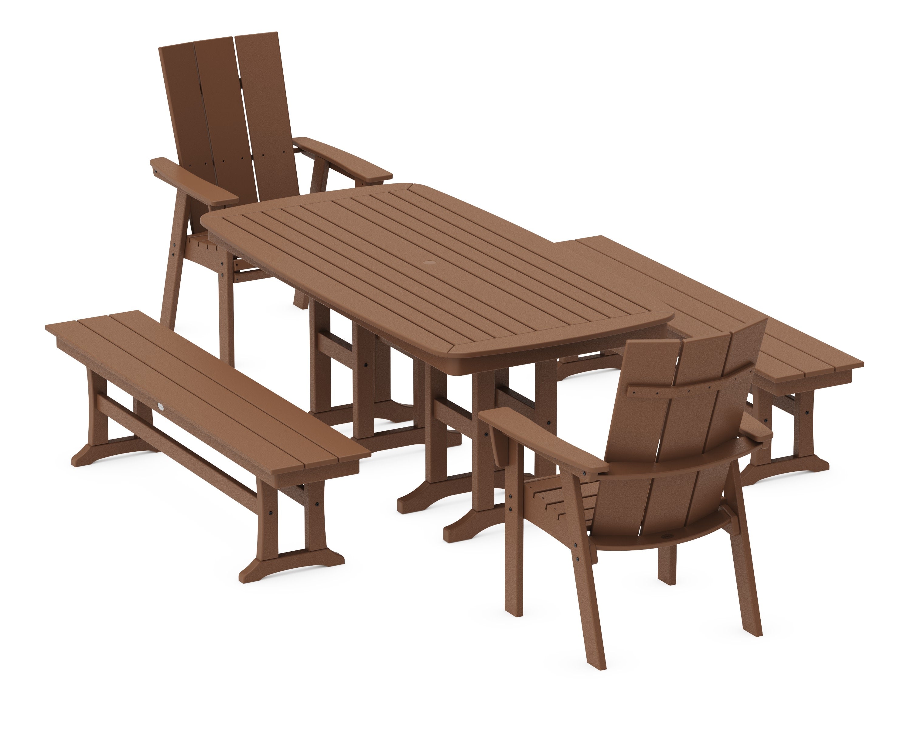 Modern Curveback Adirondack 5-Piece Dining Set with Benches in Teak