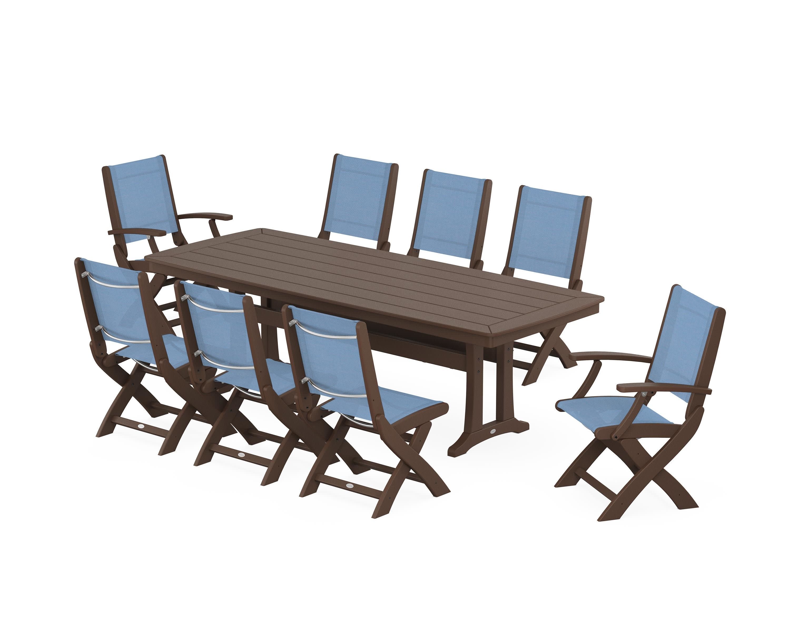 Coastal Folding 9-Piece Dining Set with Trestle Legs in Mahogany / Poolside Sling