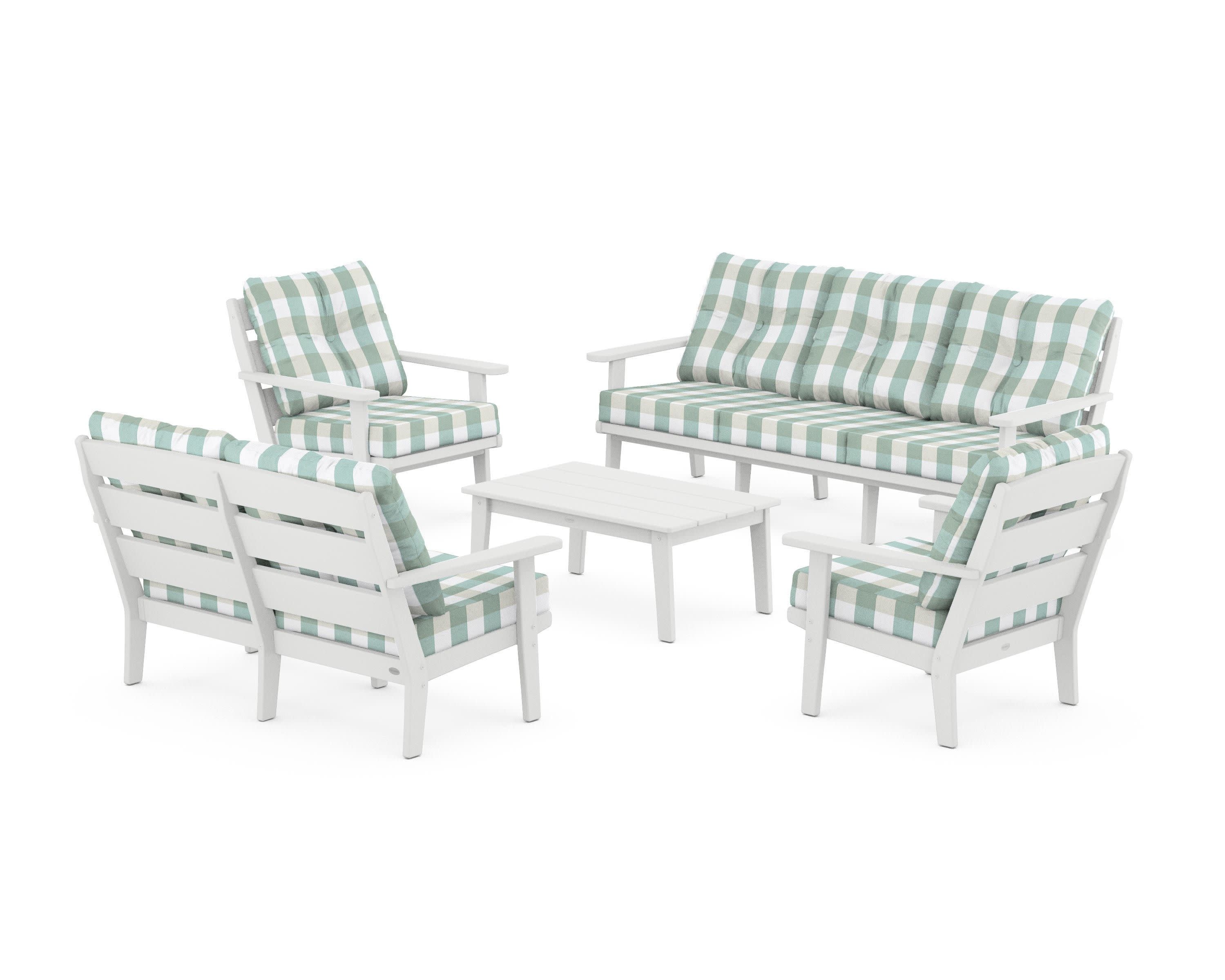 Lakeside 5-Piece Lounge Sofa Set in White / Buffalo Plaid Glacier Spa
