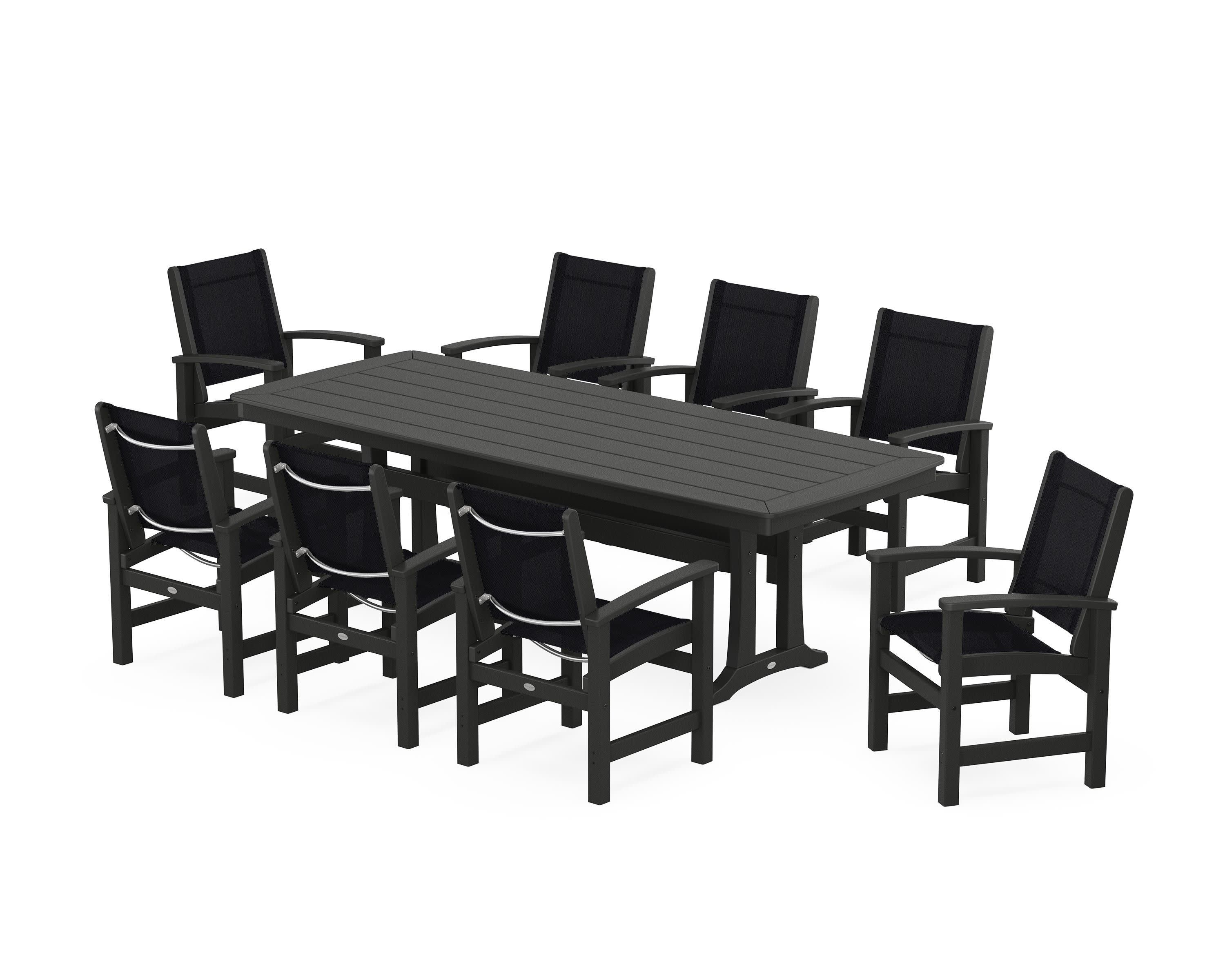 Coastal 9-Piece Dining Set with Trestle Legs in Black / Black Sling