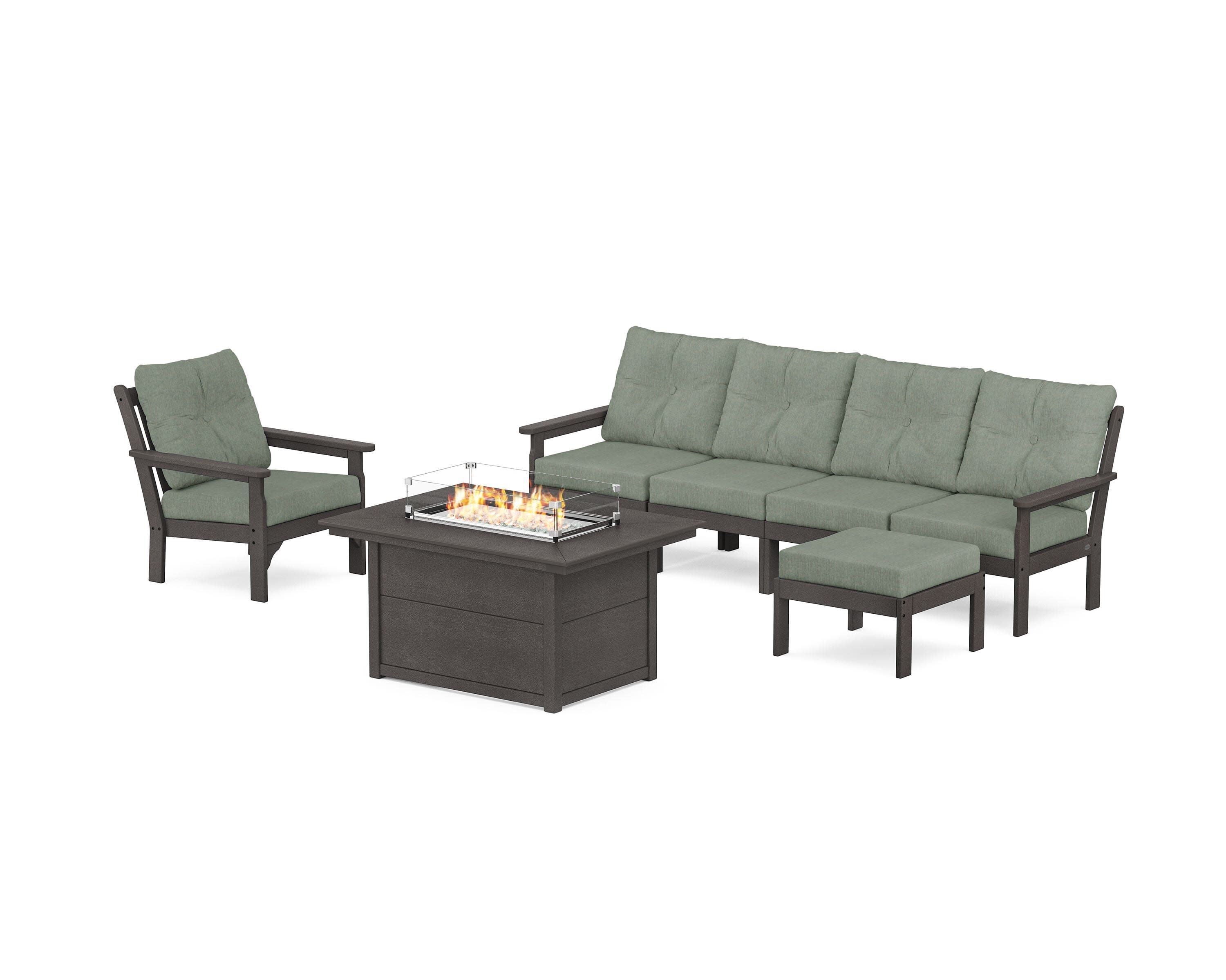 Vineyard Sectional Lounge and Fire Pit Set in Vintage Coffee / Cast Sage