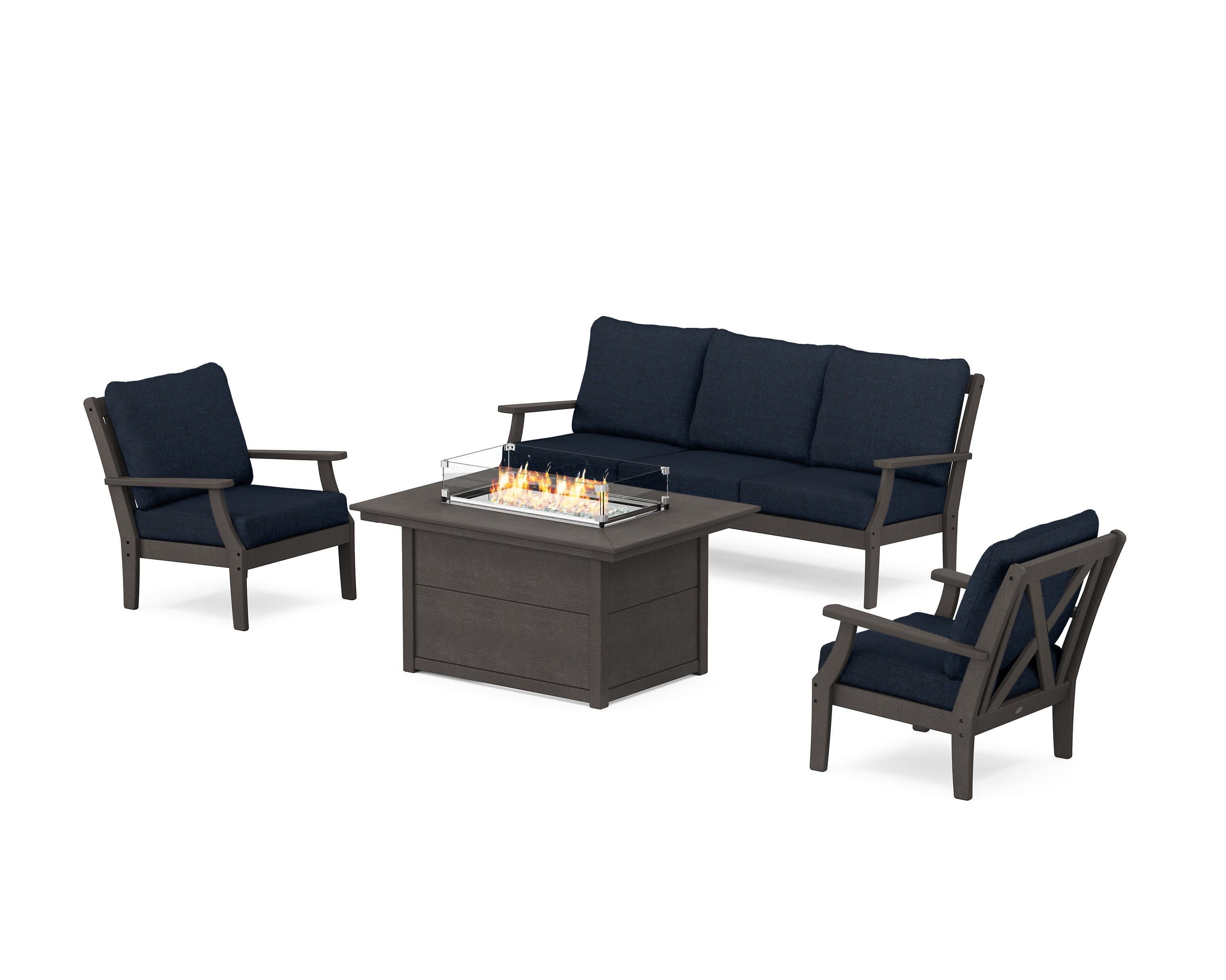 Braxton Deep Seating Fire Pit Table Set in Vintage Coffee / Marine Indigo