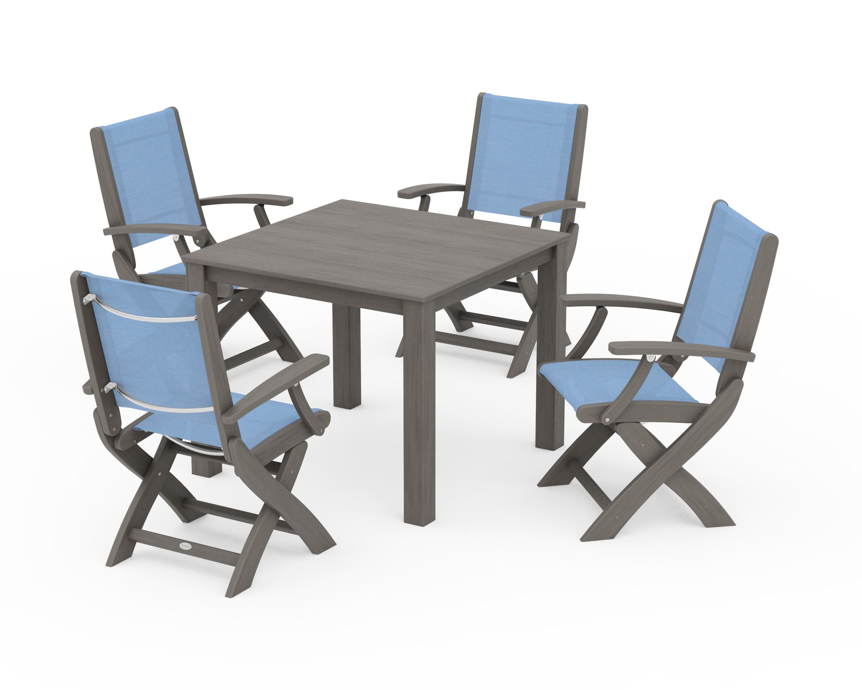 Coastal Folding Chair 5-Piece Parsons Dining Set in Driftwood / Poolside Sling