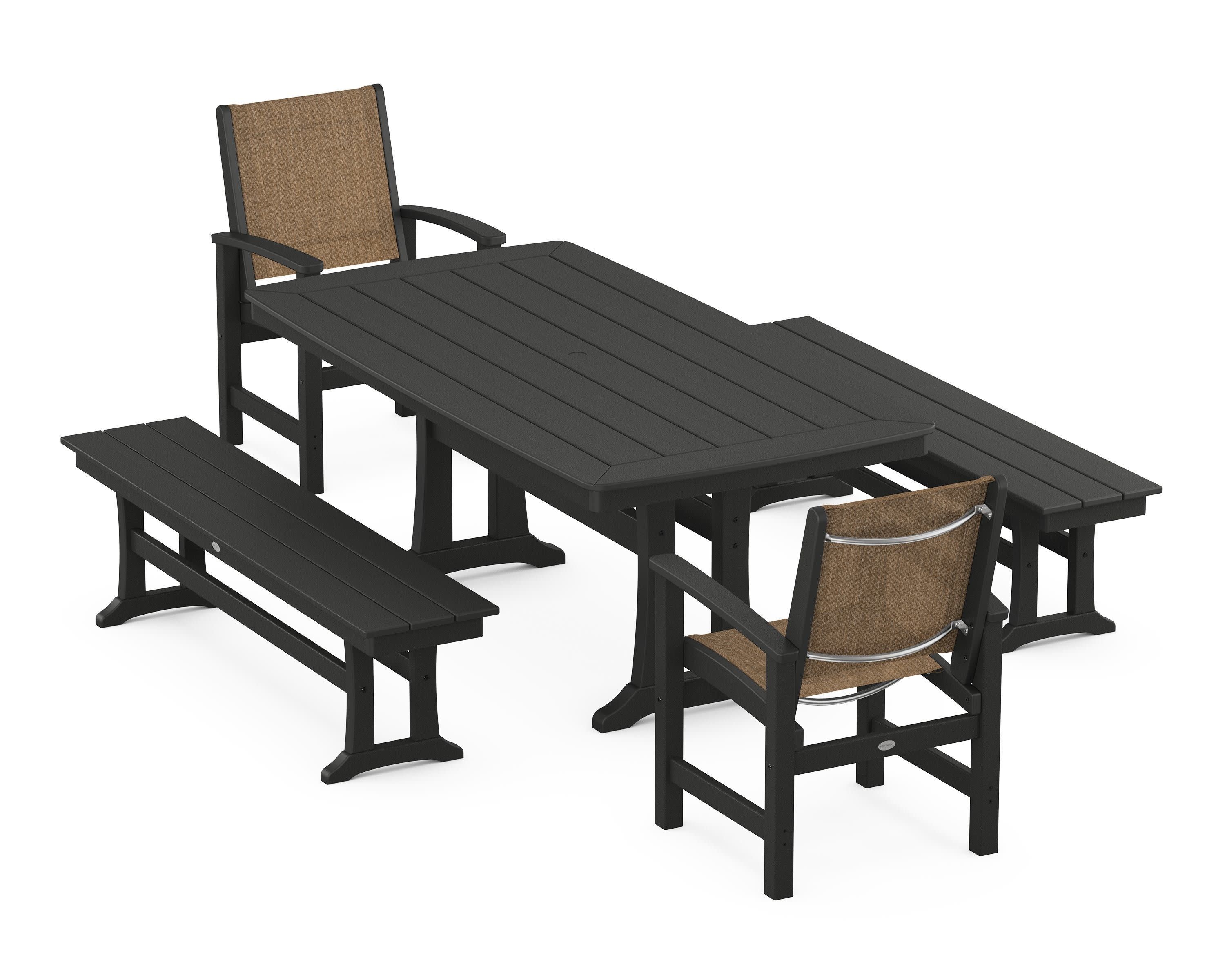 Coastal 5-Piece Dining Set with Trestle Legs and Benches in Black / Burlap Sling