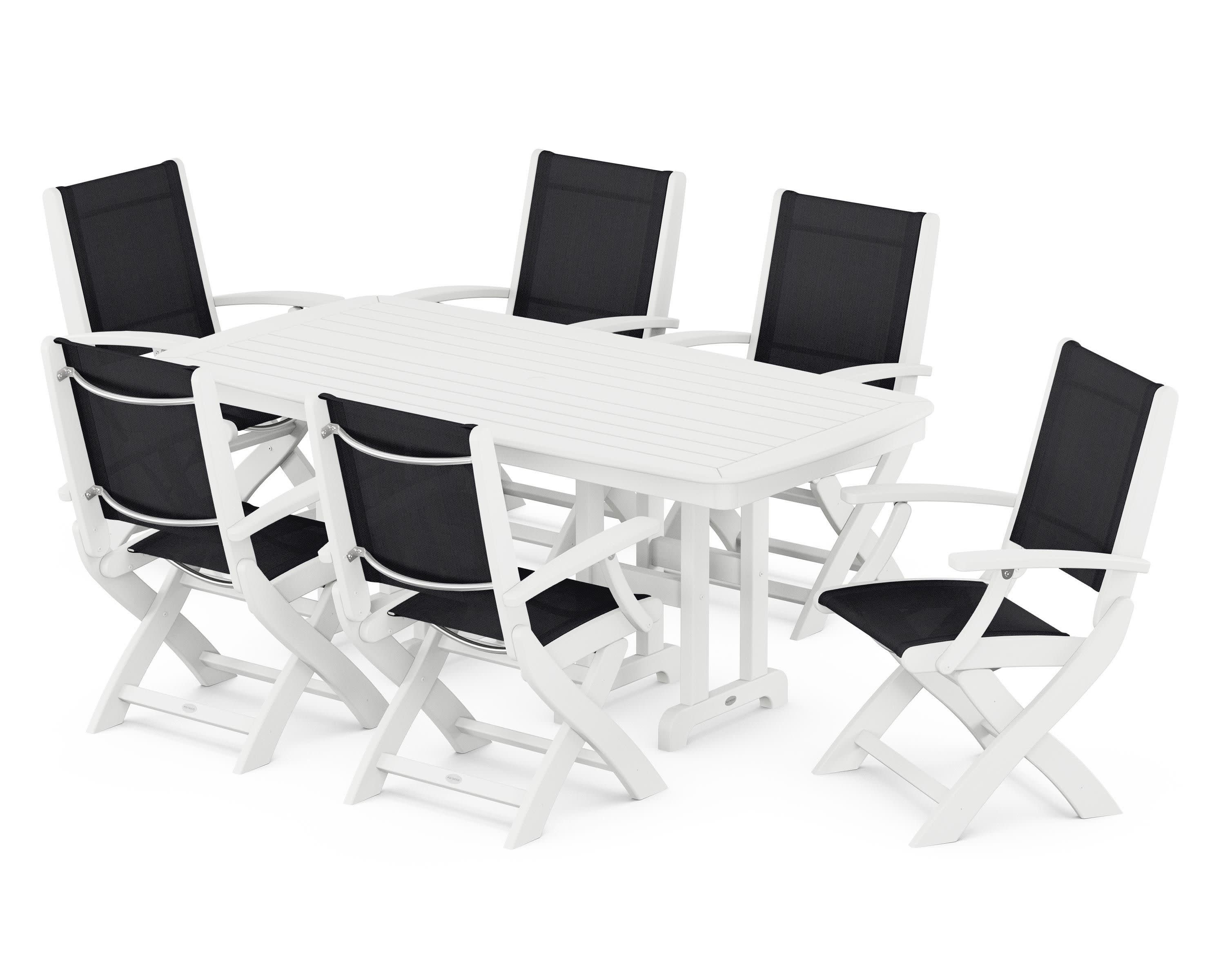 Coastal Folding Arm Chair 7-Piece Dining Set in White / Black Sling