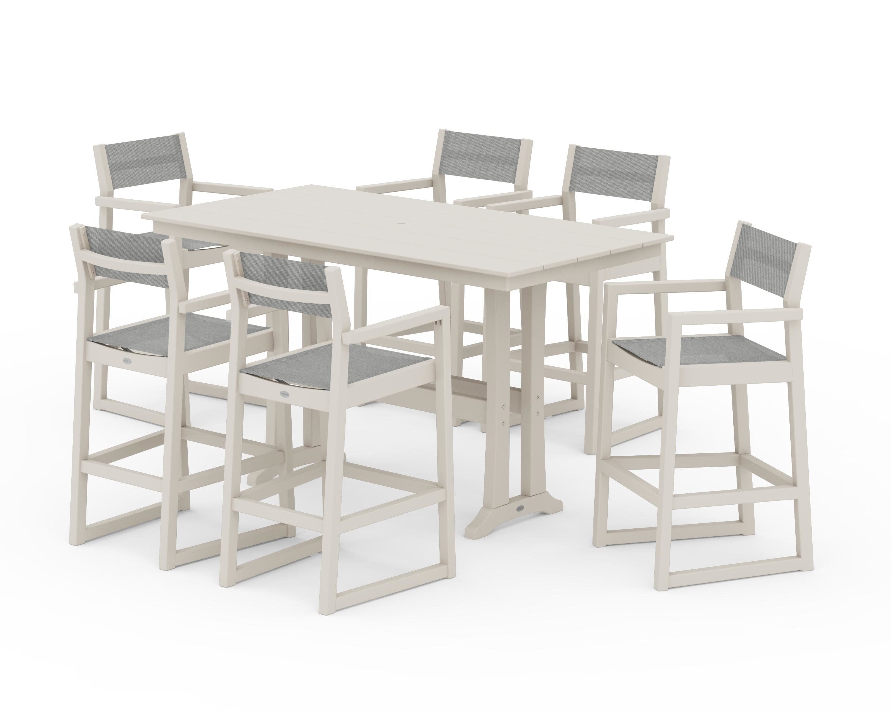 EDGE Sling Arm Chair 7-Piece Farmhouse Bar Set with Trestle Legs in Sand / Metallic Sling