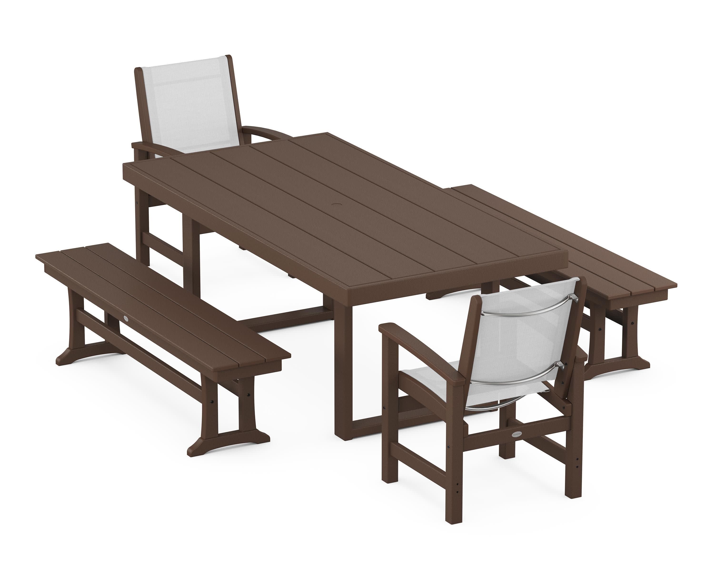 Coastal 5-Piece Dining Set with Trestle Legs in Mahogany / White Sling