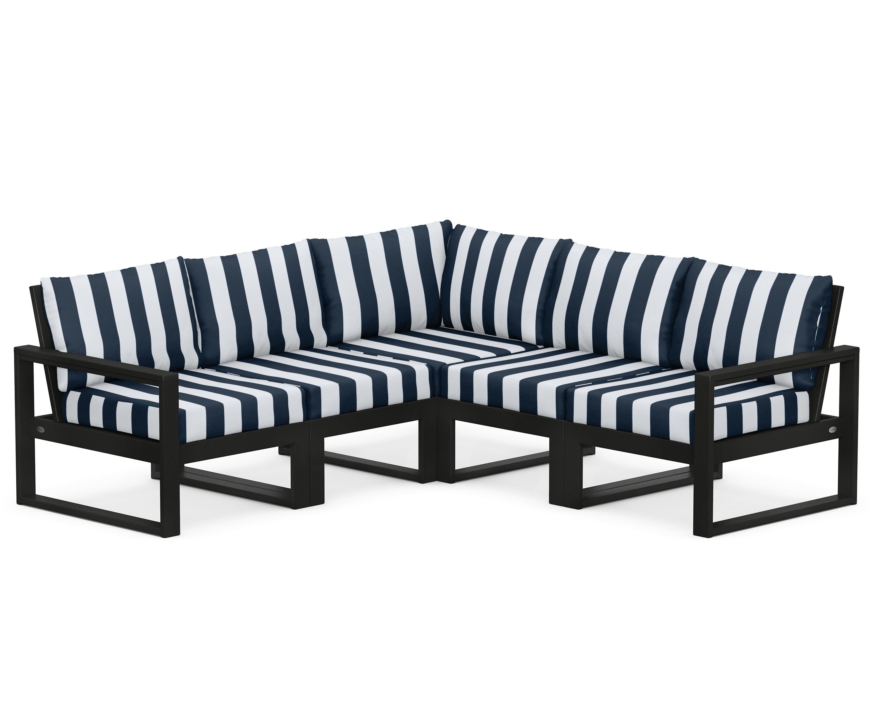 EDGE 5-Piece Modular Deep Seating Set in Black / Cabana Stripe Marine Indigo