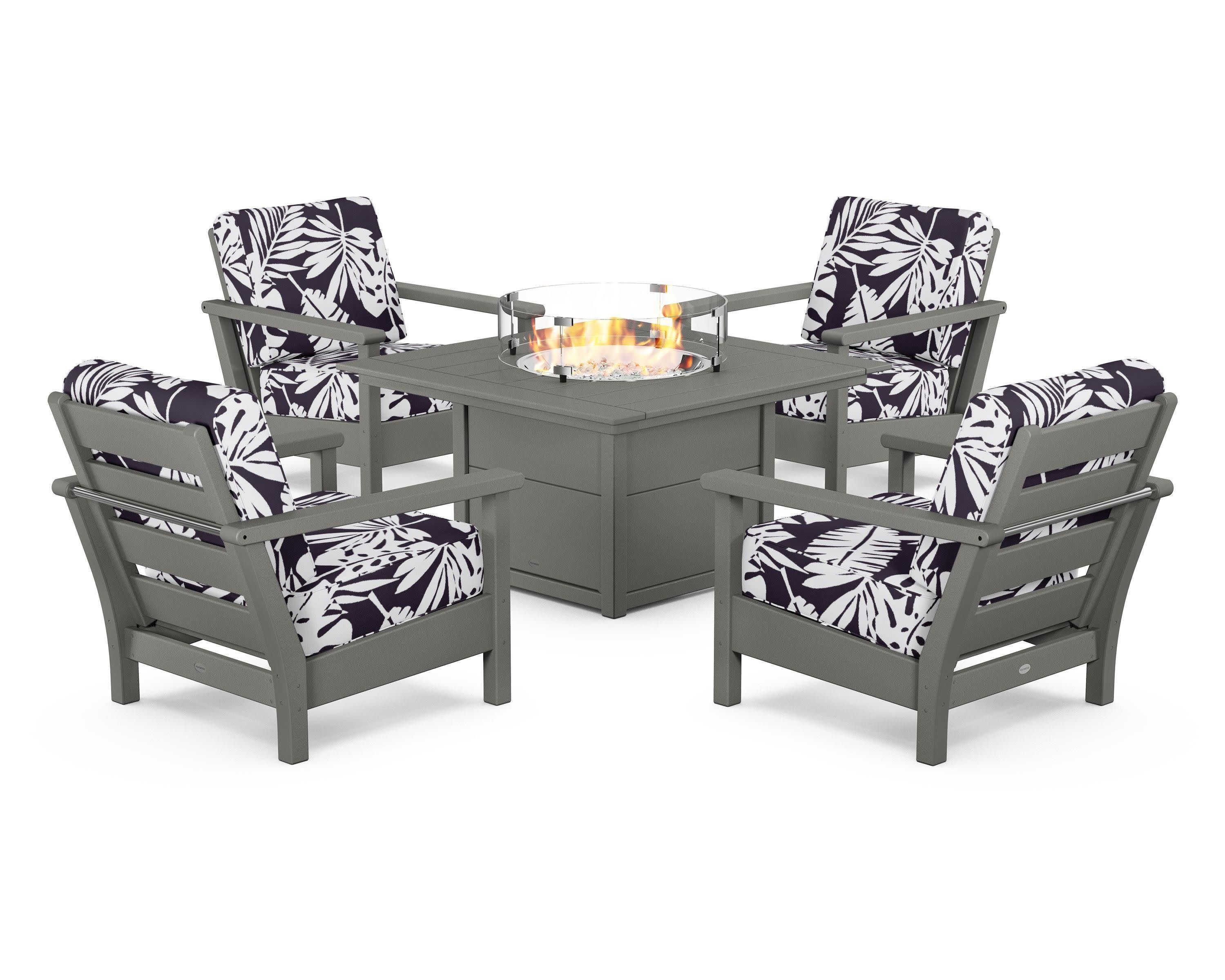 Harbour 5-Piece Conversation Set with Fire Pit Table in Slate Grey / Leaf Navy