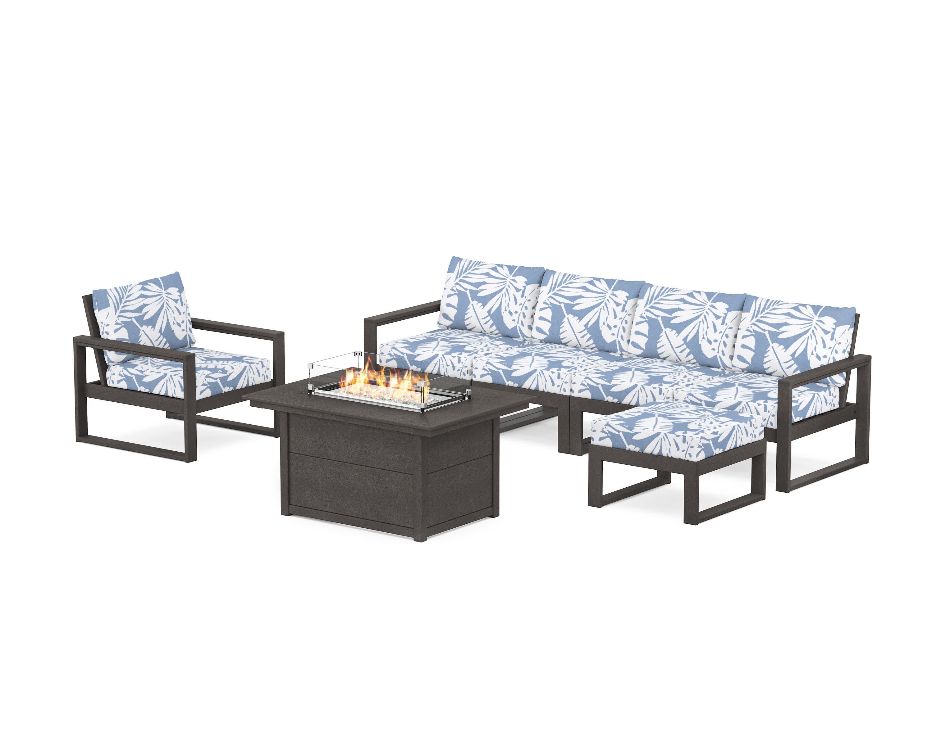 EDGE Sectional Lounge and Fire Pit Set in Vintage Coffee / Leaf Sky Blue