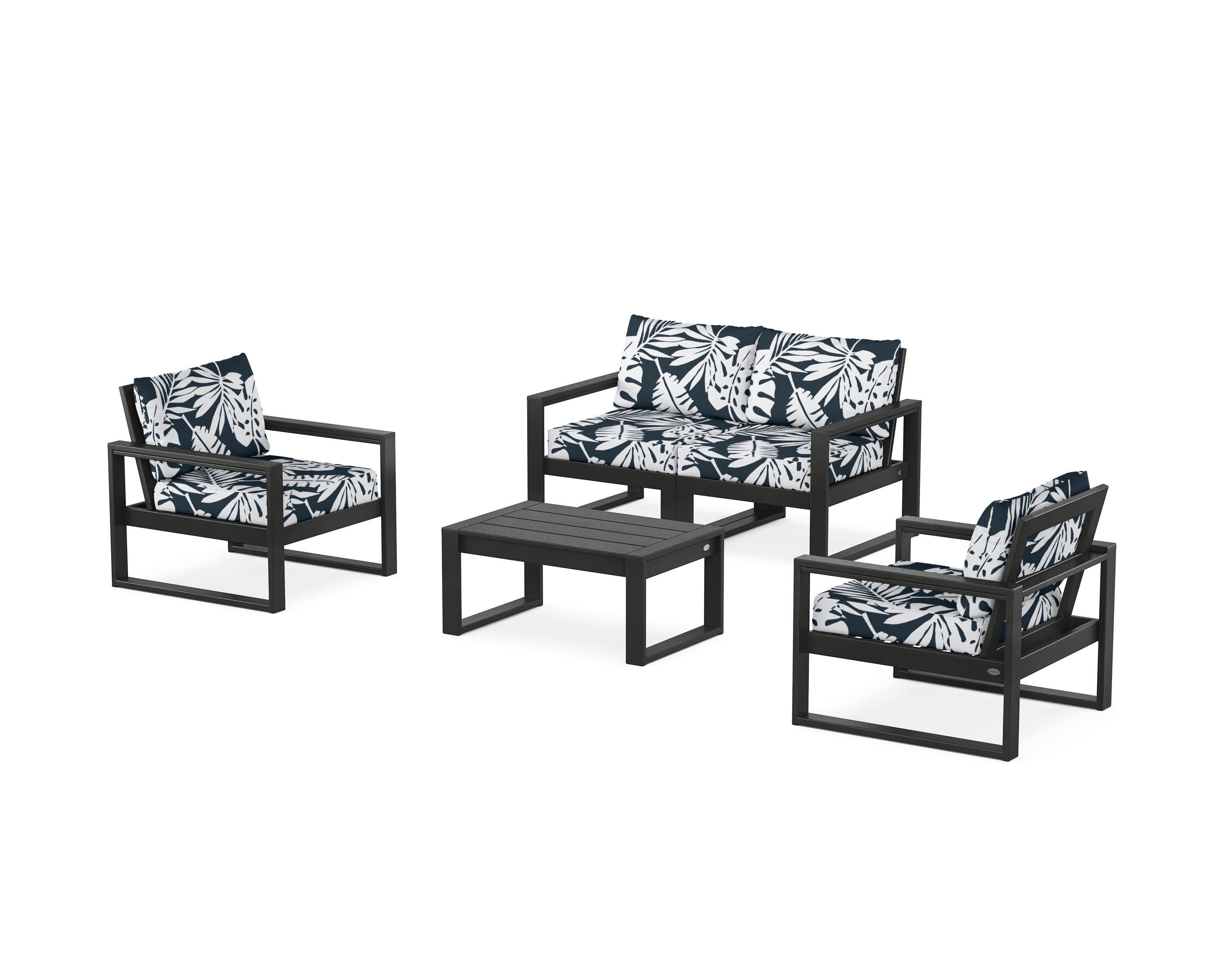 EDGE Sectional 4-Piece Deep Seating Set with Loveseat in Black / Leaf Marine Indigo