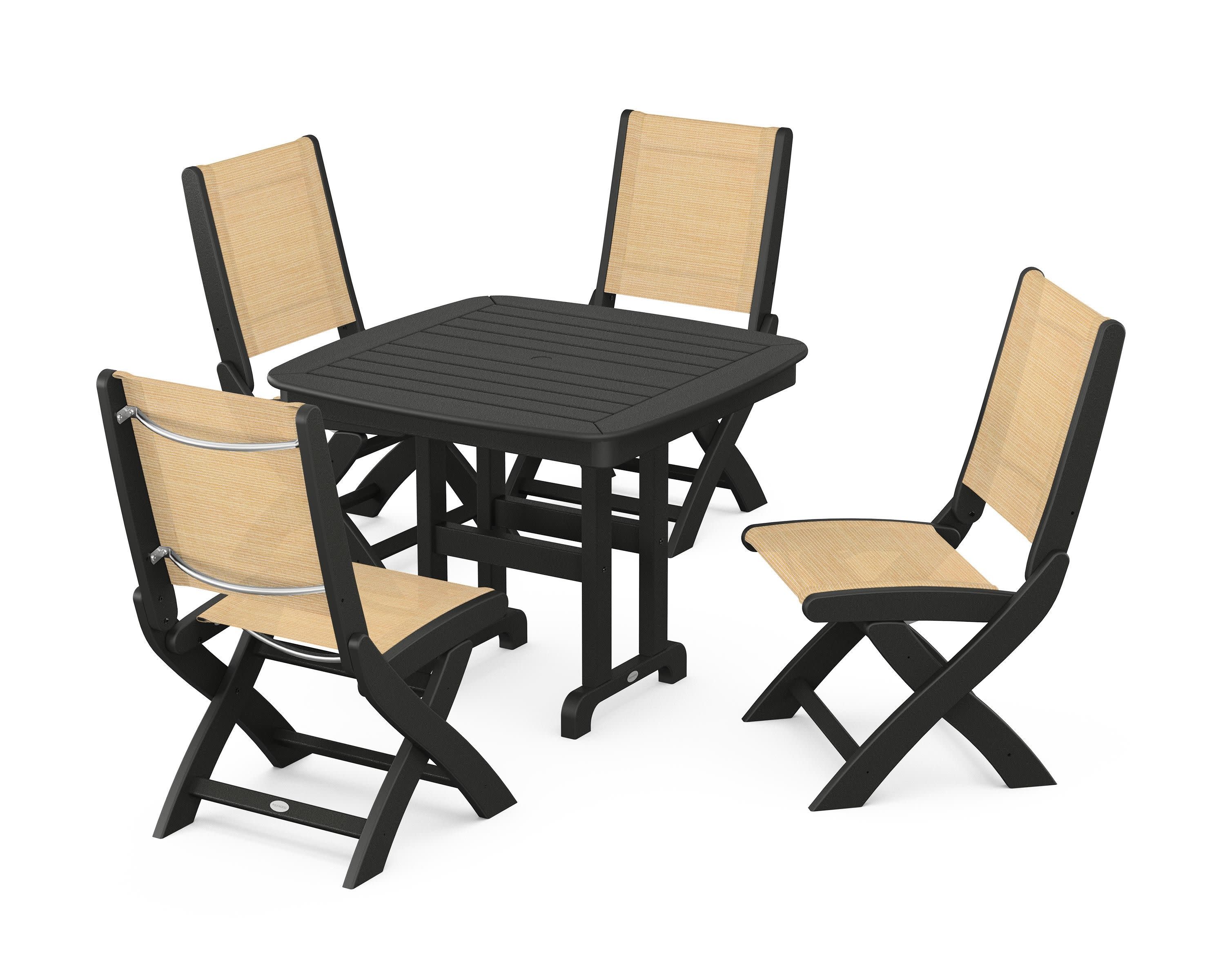 Coastal Folding Side Chair 5-Piece Dining Set in Black / Dupioni Apricot Sling