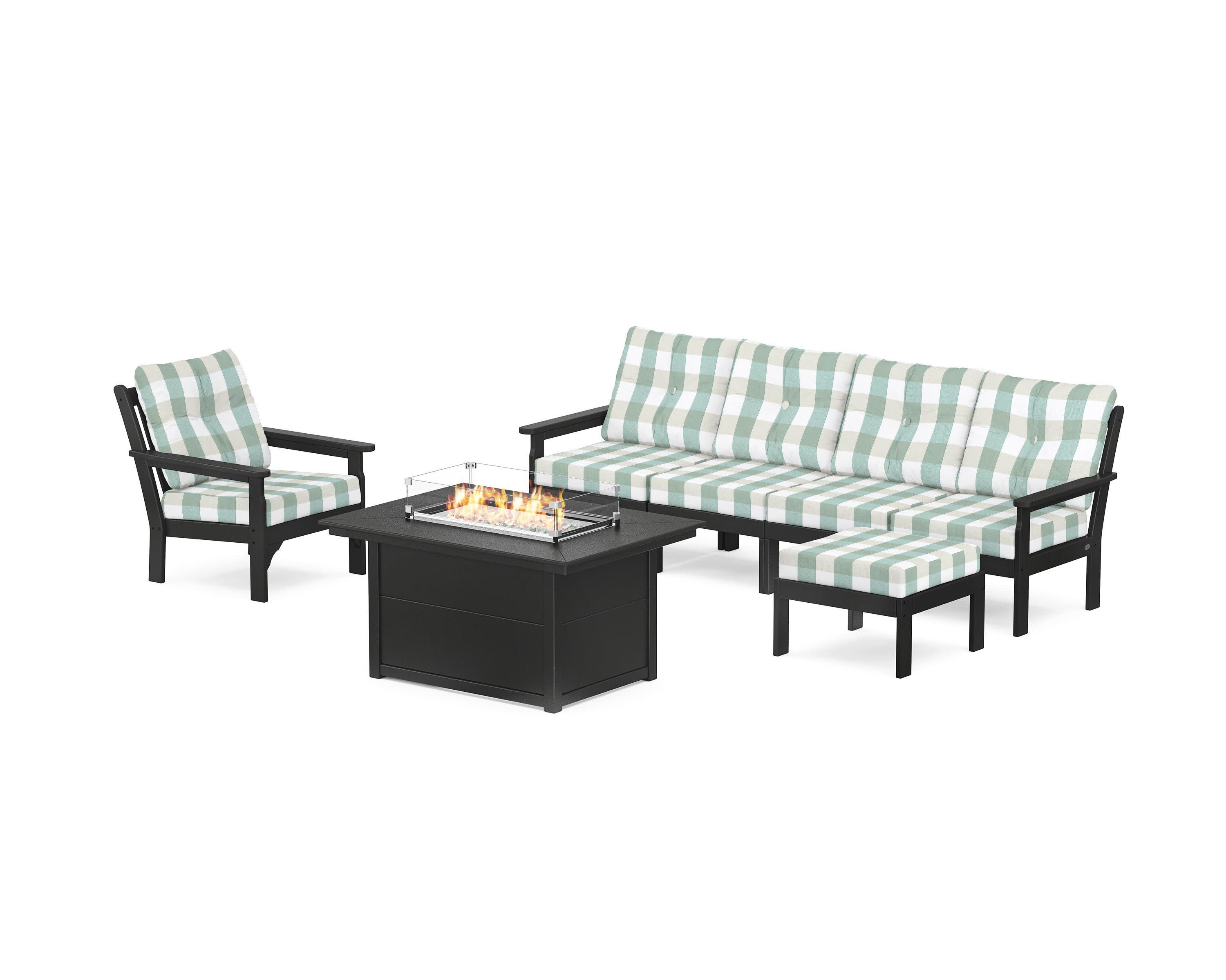 Vineyard Sectional Lounge and Fire Pit Set in Black / Buffalo Plaid Glacier Spa