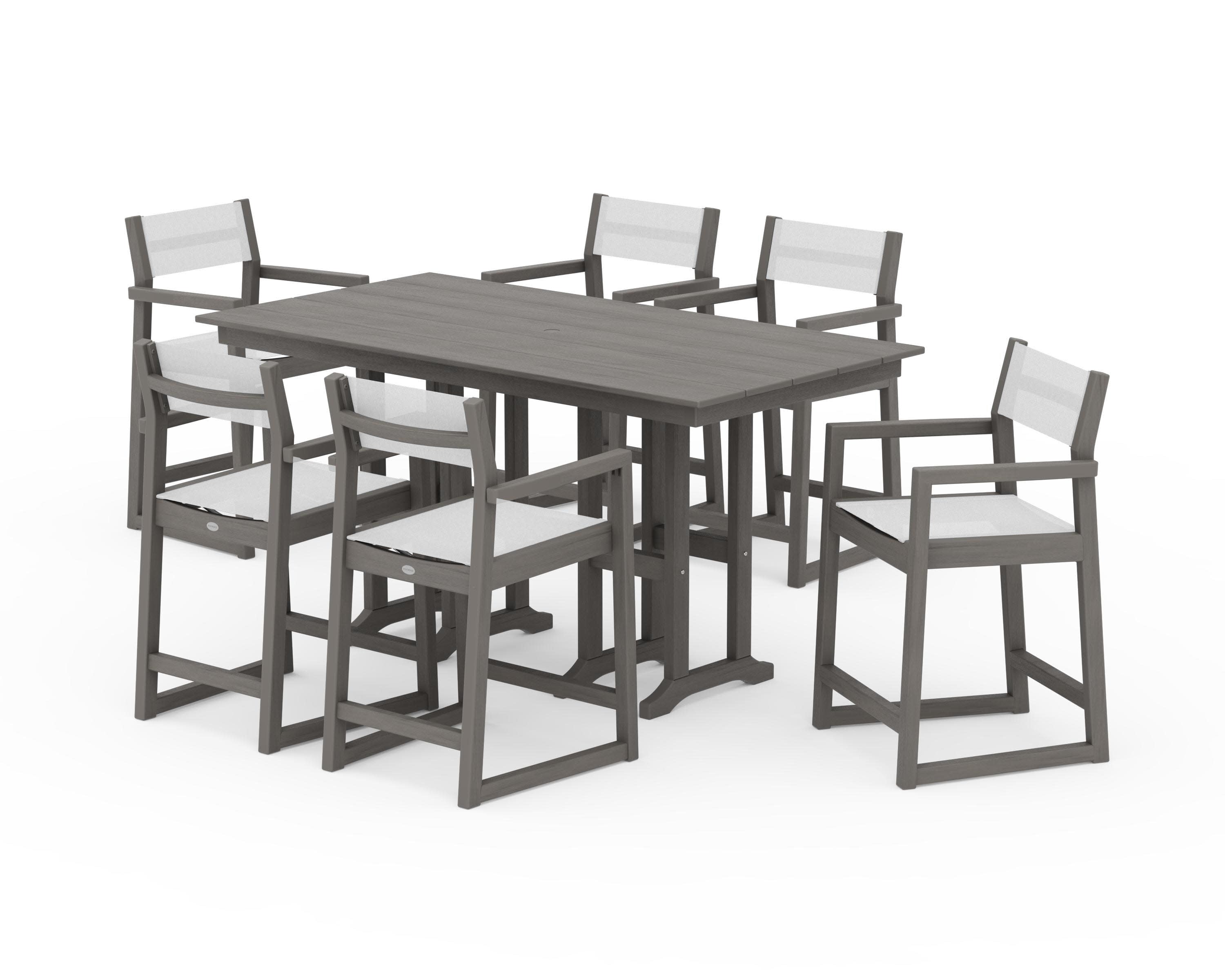 EDGE Sling Arm Chair 7-Piece Farmhouse Counter Set in Driftwood / White Sling