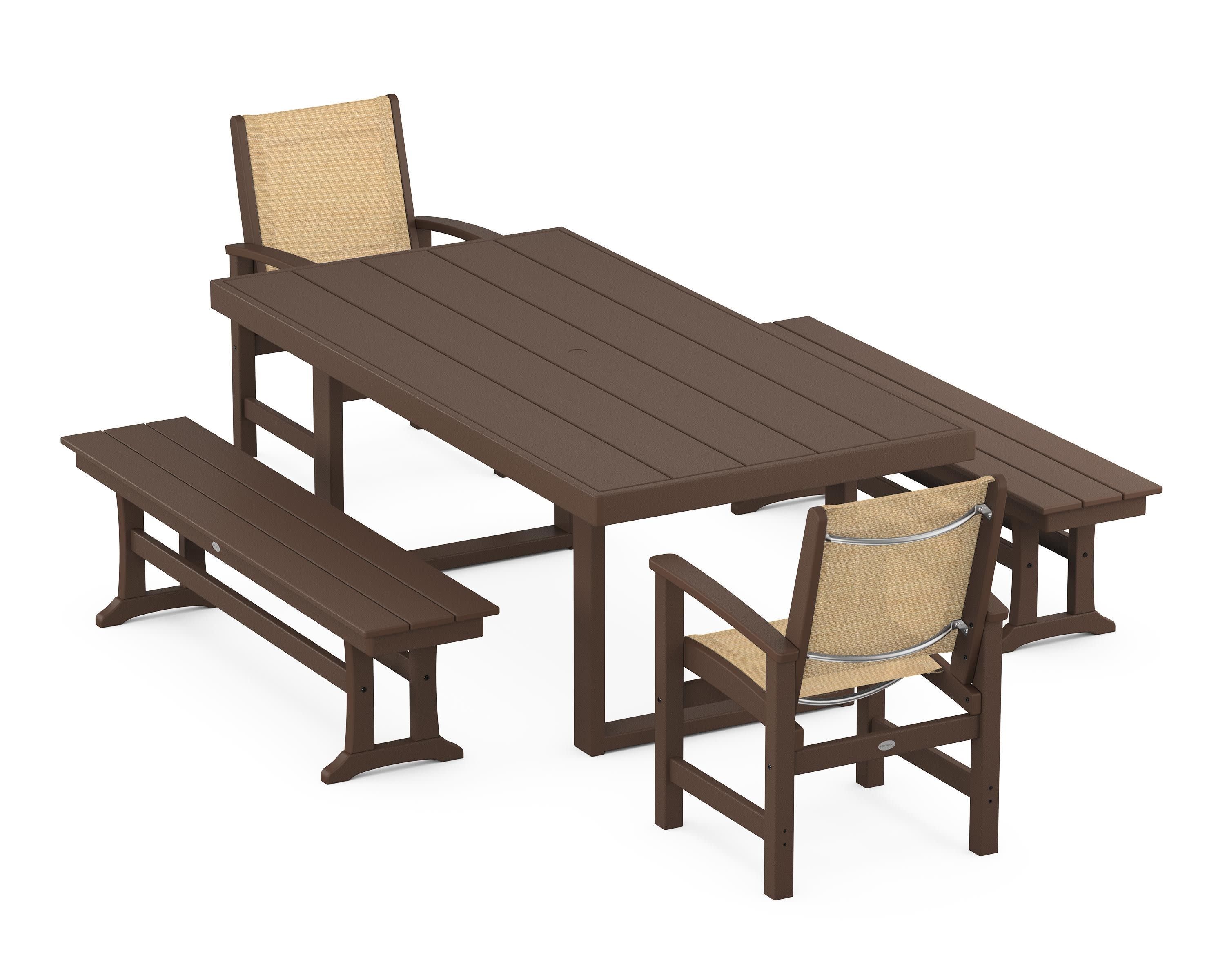 Coastal 5-Piece Dining Set with Trestle Legs in Mahogany / Dupioni Apricot Sling