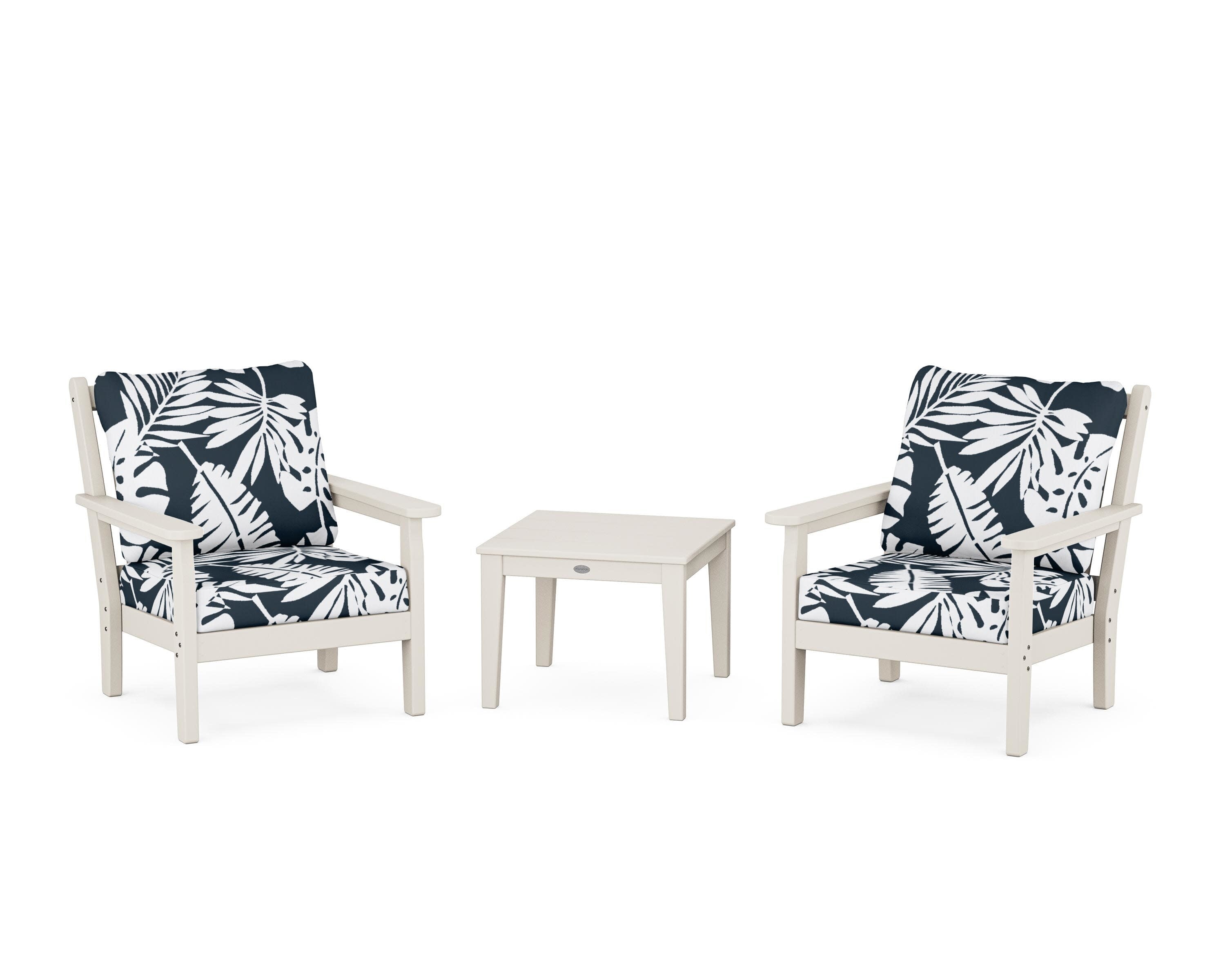 Chippendale 3-Piece Deep Seating Set in Sand / Leaf Marine Indigo