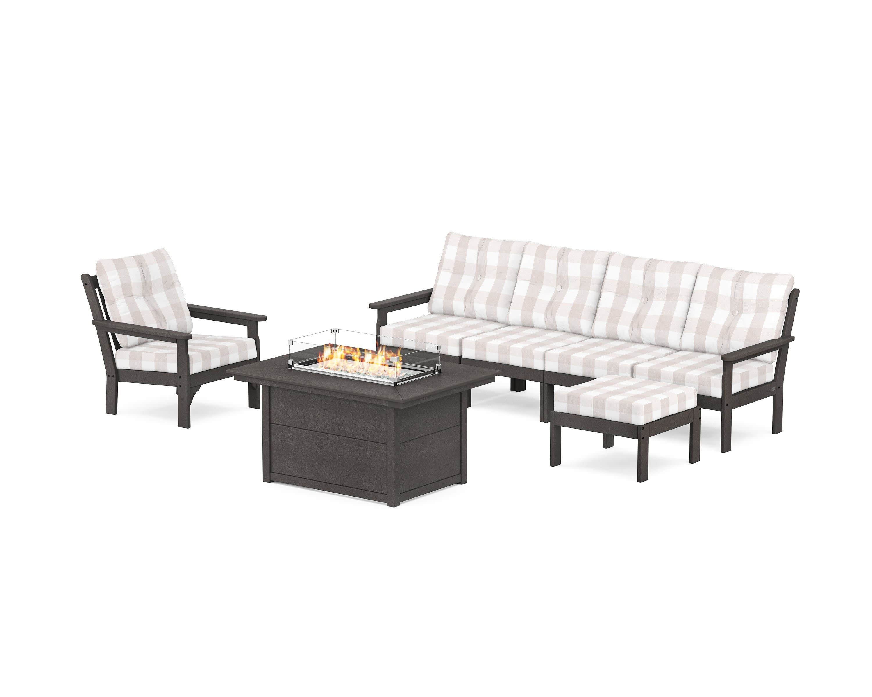 Vineyard Sectional Lounge and Fire Pit Set in Vintage Coffee / Buffalo Plaid Dune Burlap