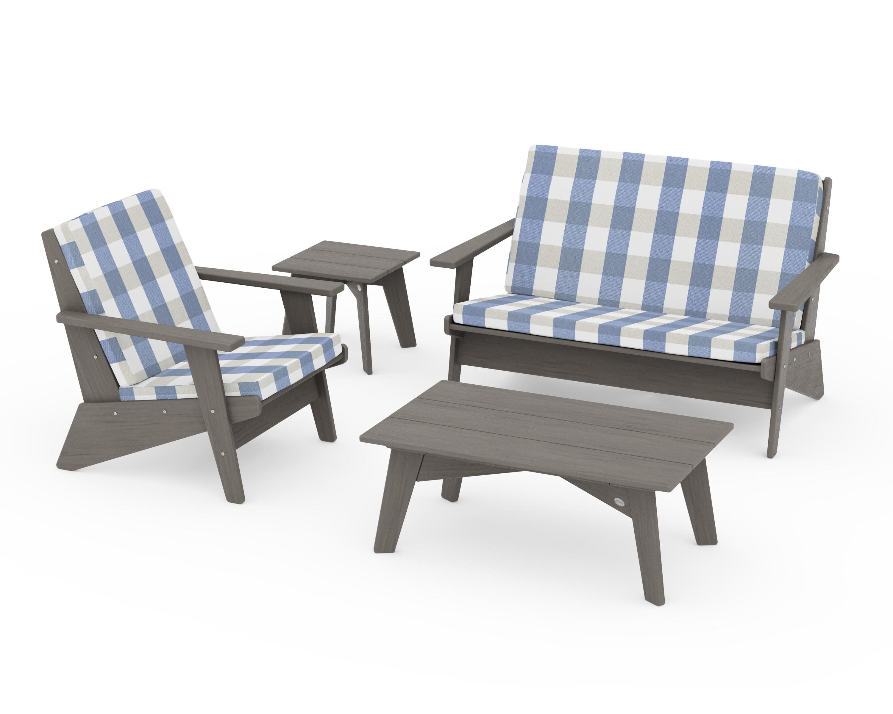 Riviera Modern Lounge 4-Piece Set in Driftwood / Buffalo Plaid Sky Blue