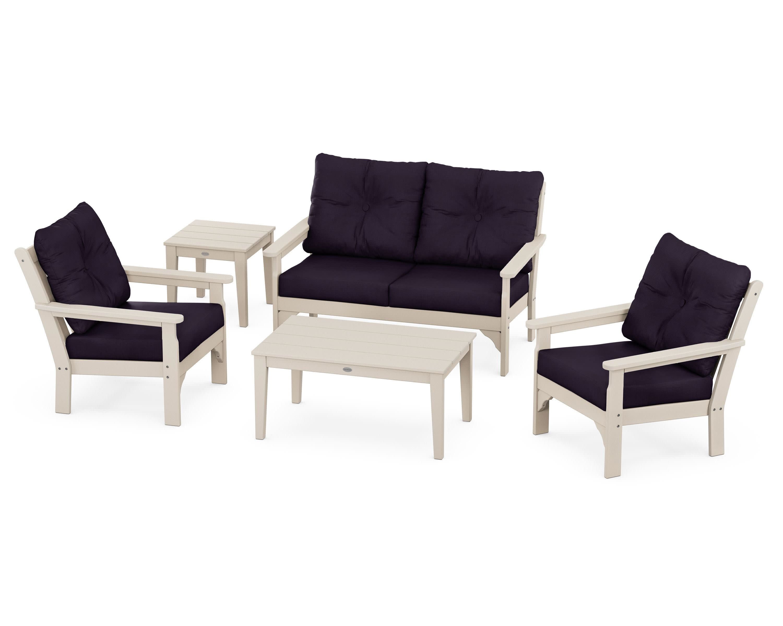 Vineyard 5-Piece Deep Seating Set in Sand / Navy Linen