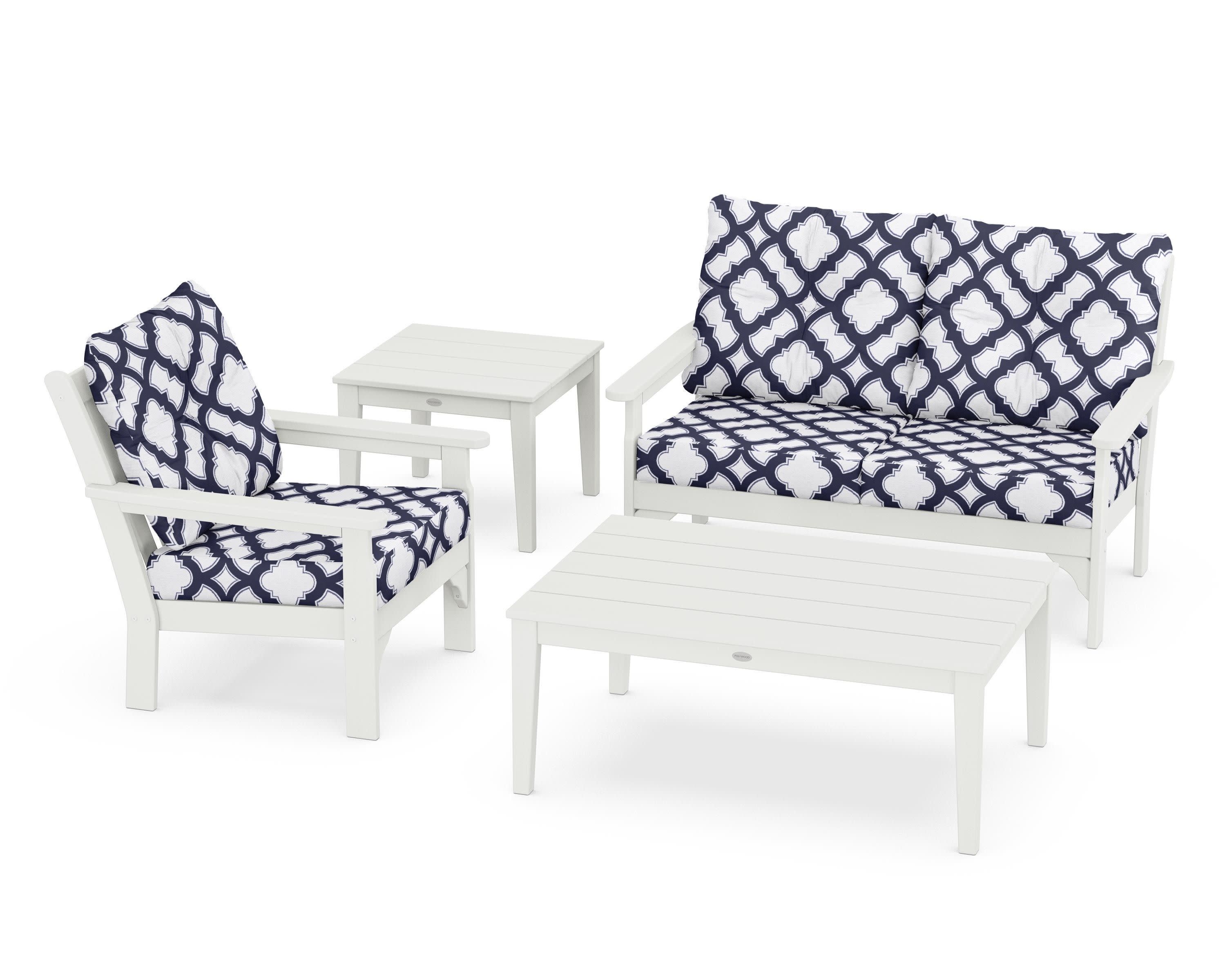 Vineyard 4-Piece Deep Seating Set in Vintage White / Trellis Navy