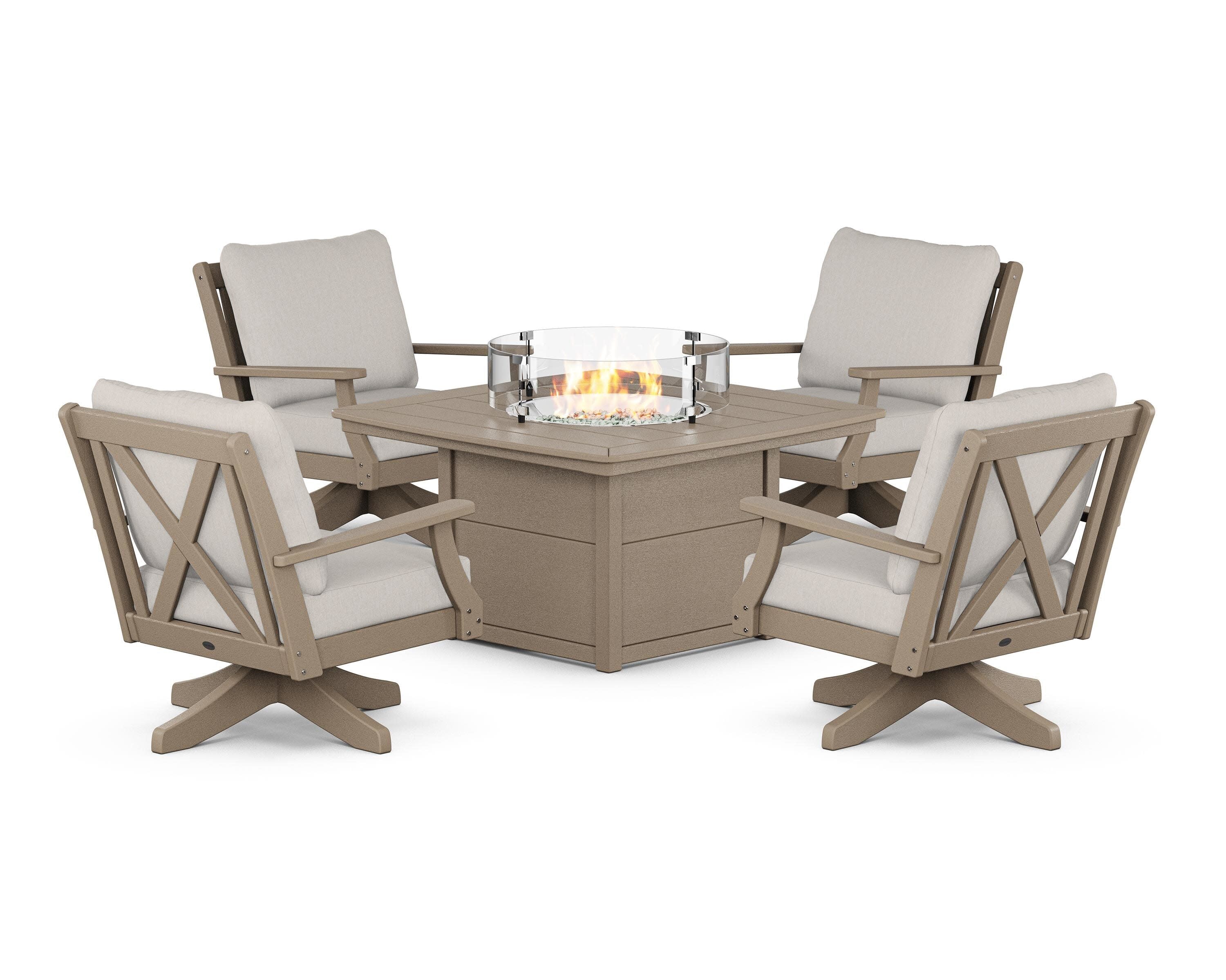 Braxton 5-Piece Deep Seating Swivel Conversation Set with Fire Pit Table in Vintage Sahara / Cast Ash