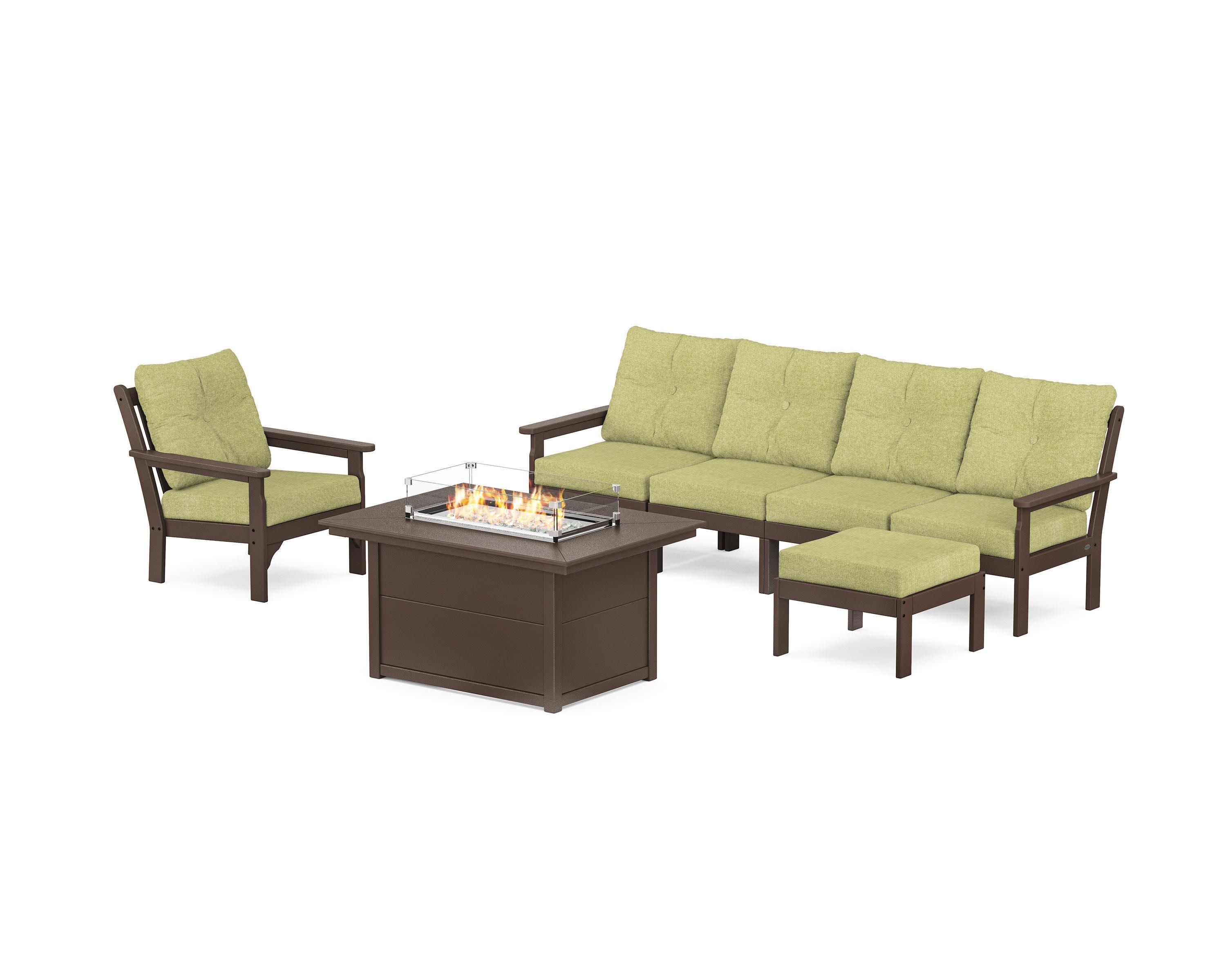 Vineyard Sectional Lounge and Fire Pit Set in Mahogany / Chartreuse Boucle