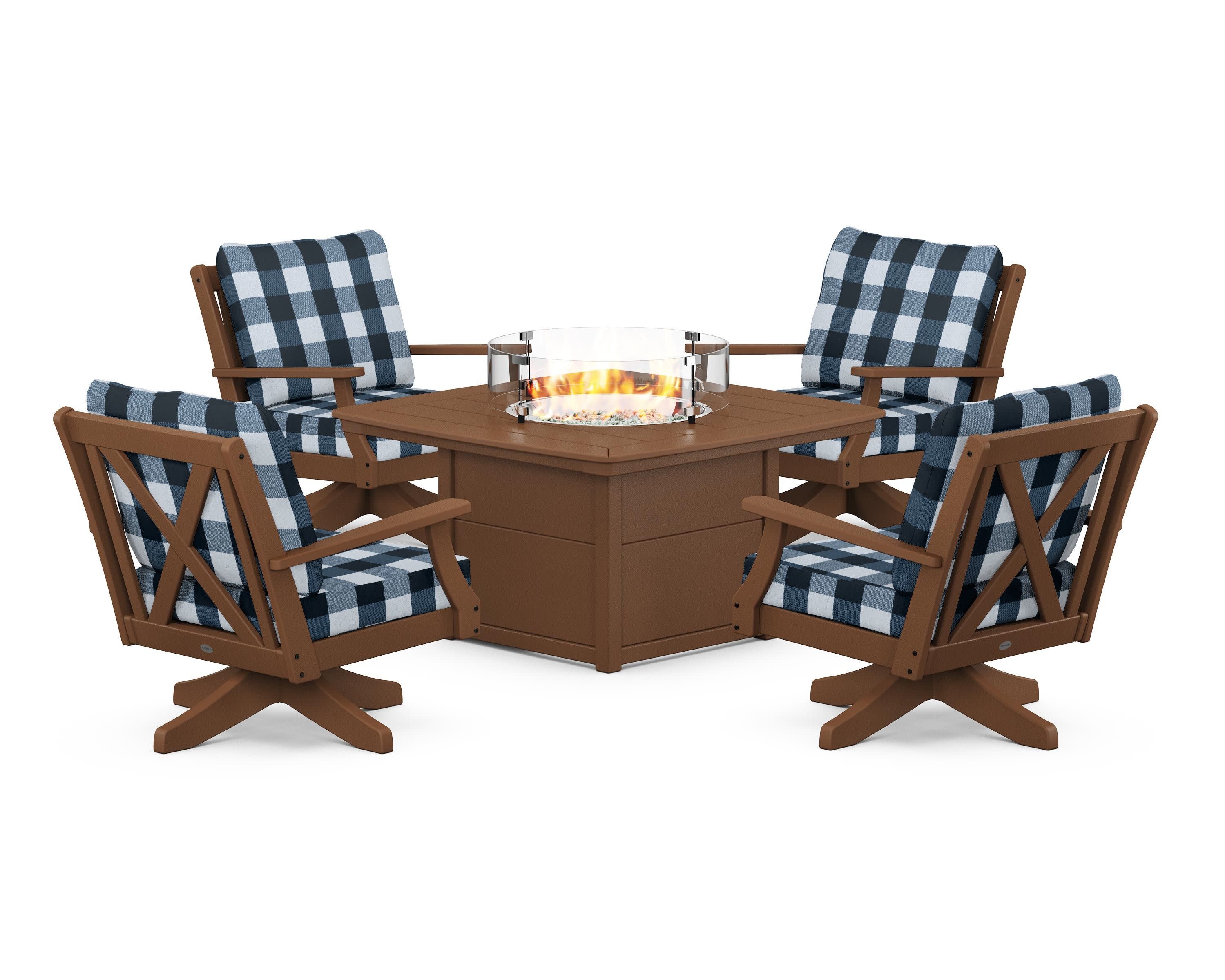 Braxton 5-Piece Deep Seating Swivel Conversation Set with Fire Pit Table in Teak / Buffalo Plaid Marine Indigo