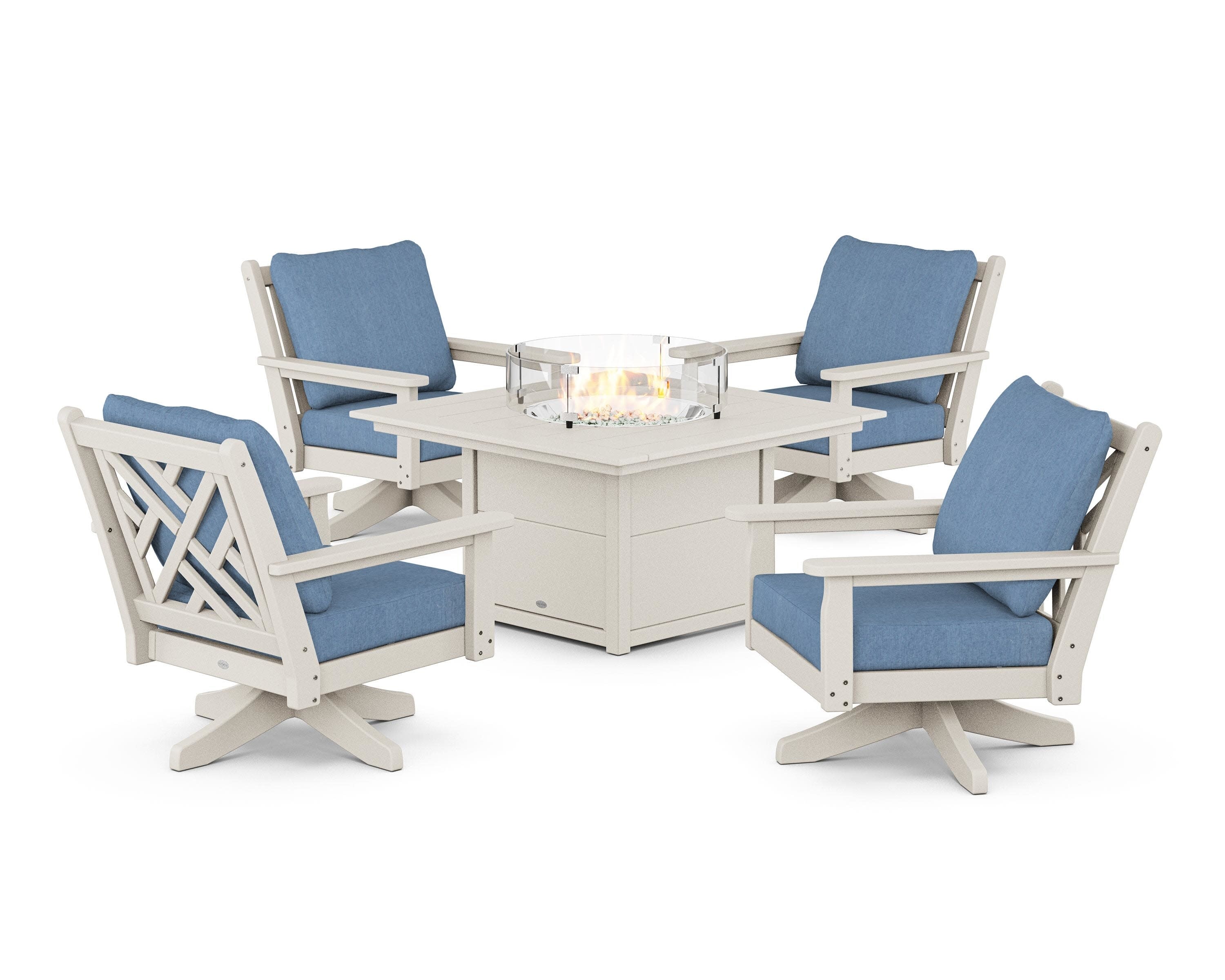 Chippendale 5-Piece Deep Seating Swivel Conversation Set with Fire Pit Table in Sand / Sky Blue