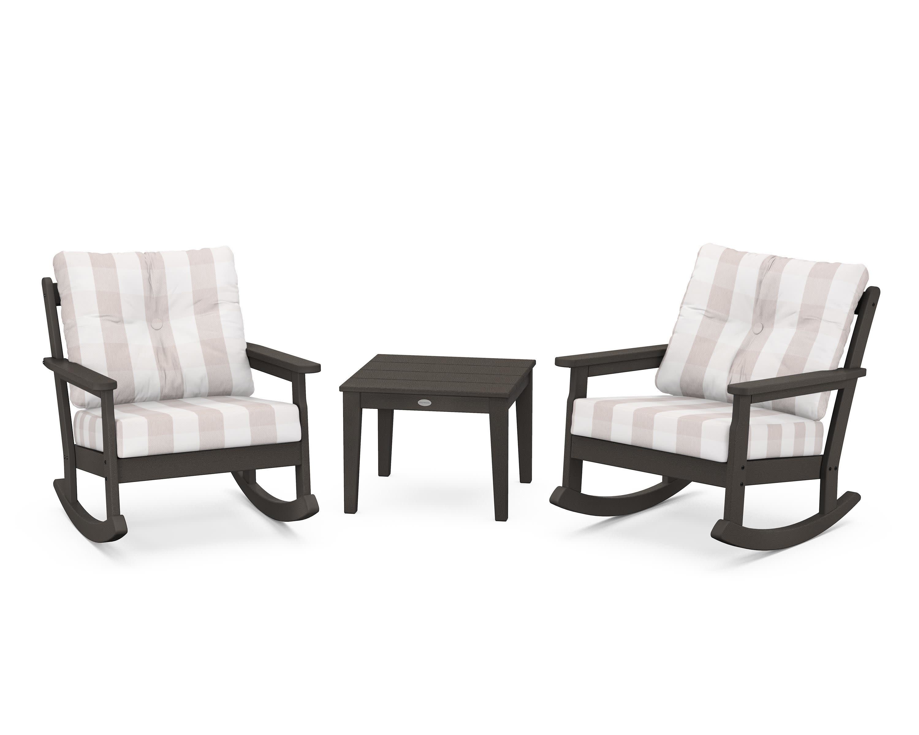 Vineyard 3-Piece Deep Seating Rocker Set in Vintage Coffee / Buffalo Plaid Dune Burlap