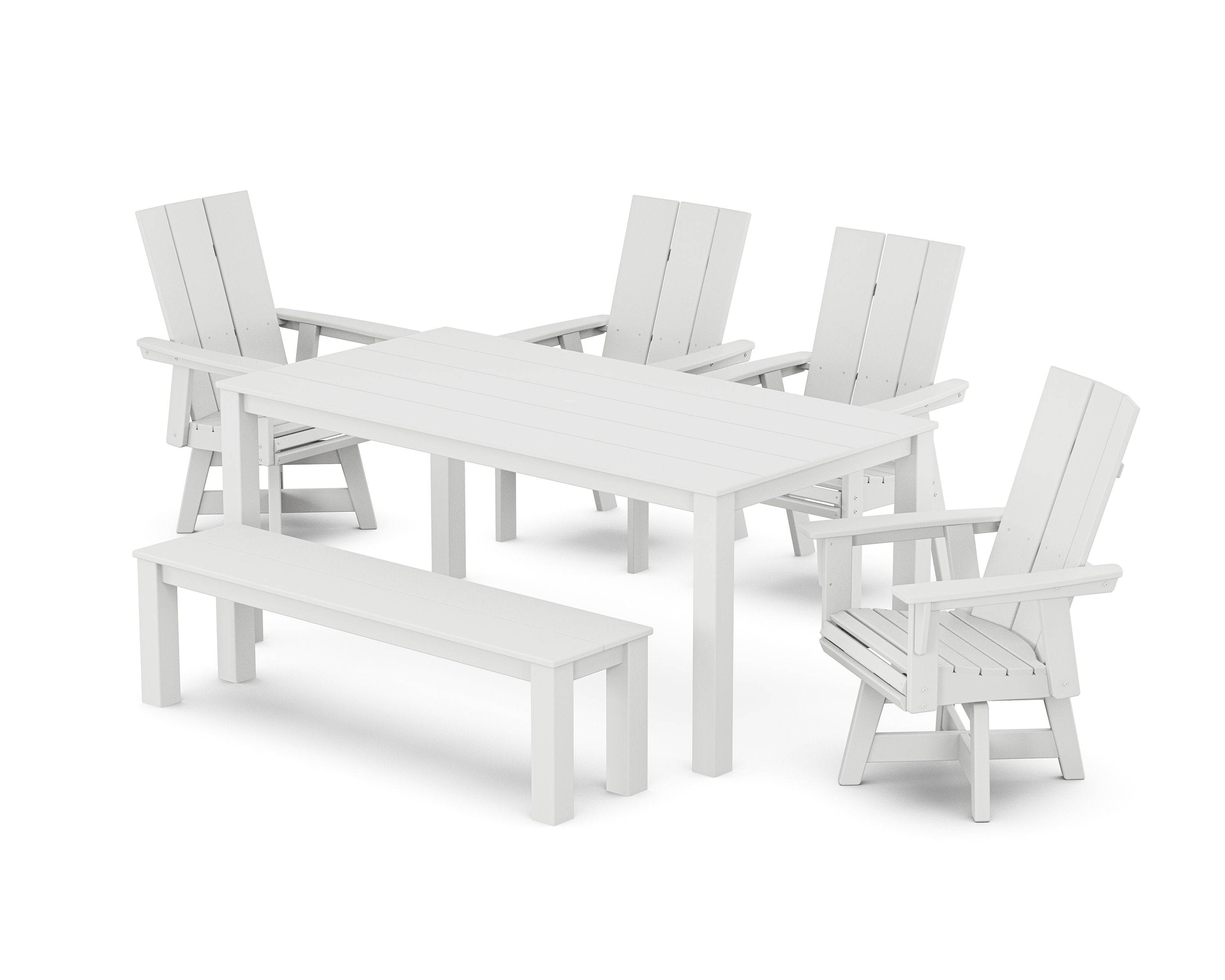 Modern Curveback Adirondack 6-Piece Parsons Swivel Dining Set with Bench in White