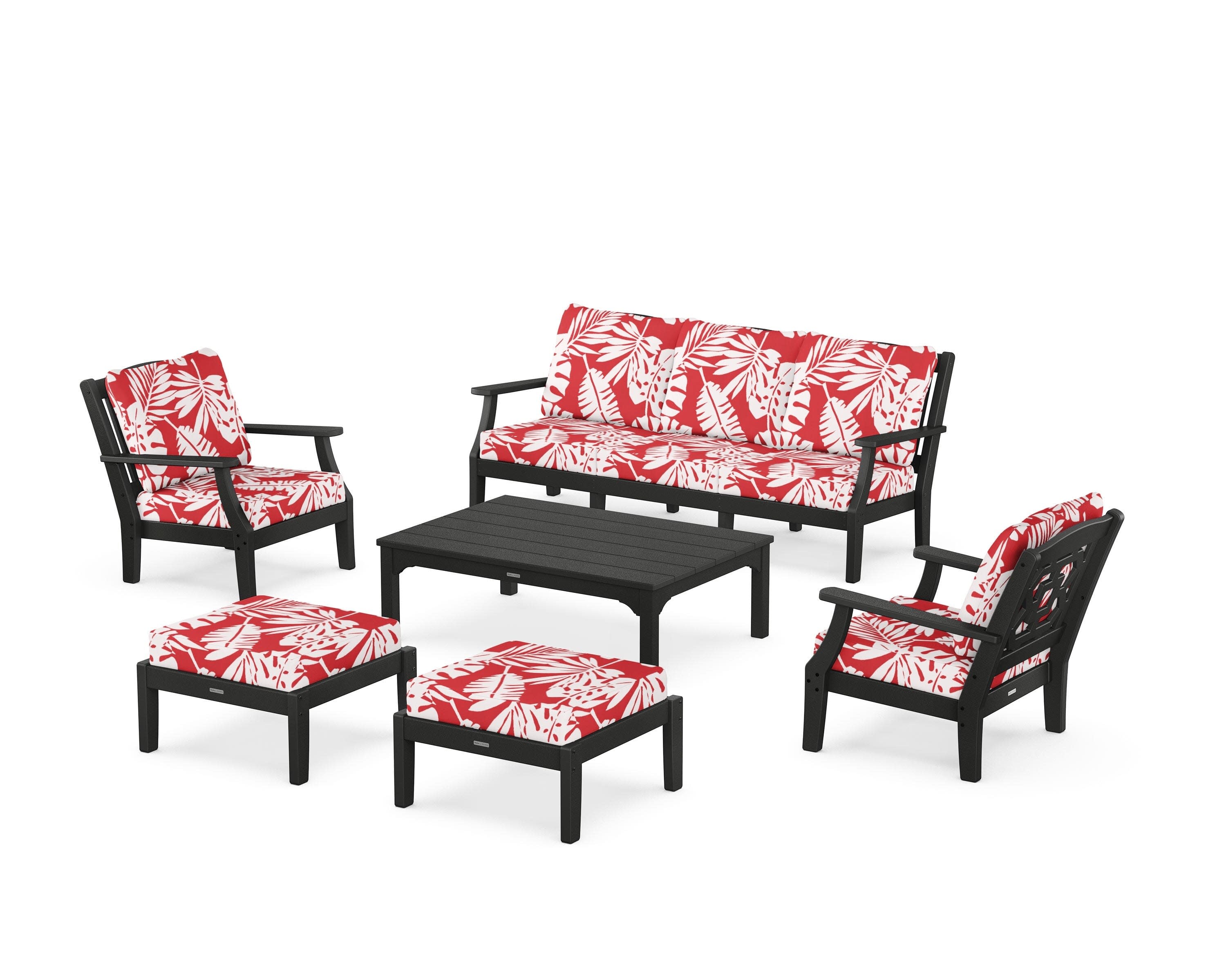 Chinoiserie 6-Piece Lounge Sofa Set in Black / Leaf Crimson
