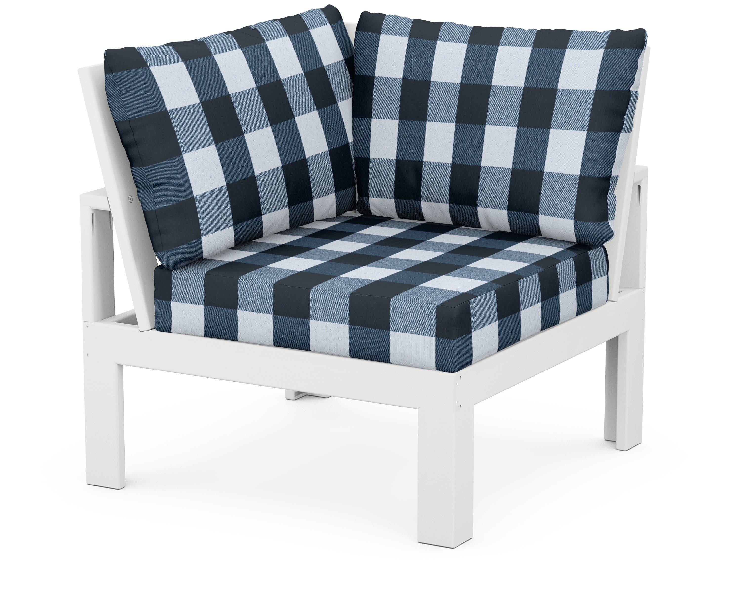 Modular Corner Chair in White / Buffalo Plaid Marine Indigo