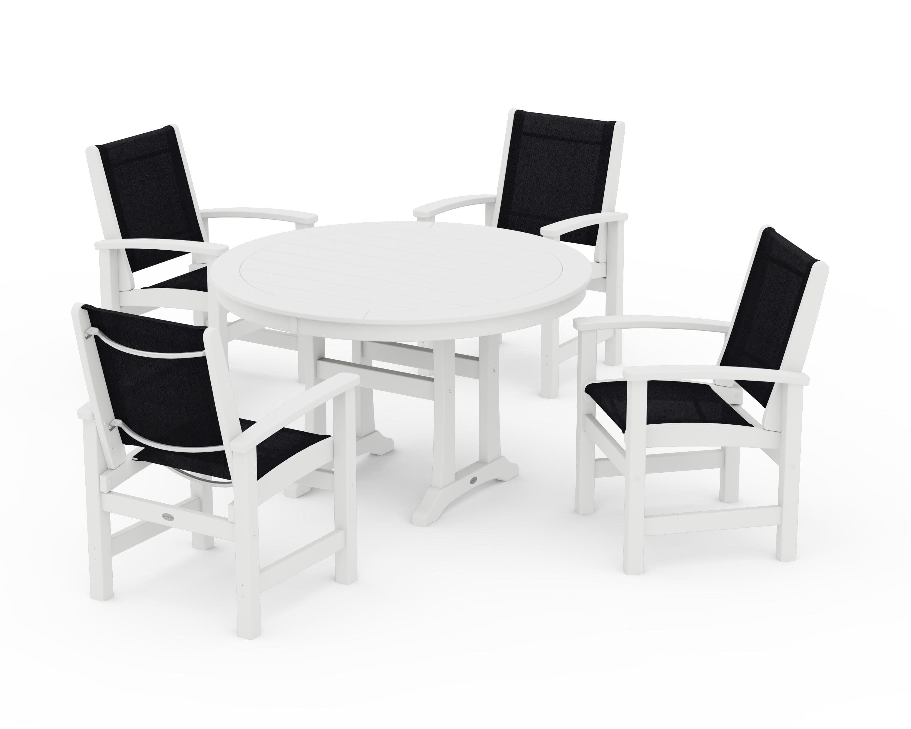 Coastal 5-Piece Round Dining Set with Trestle Legs in White / Black Sling