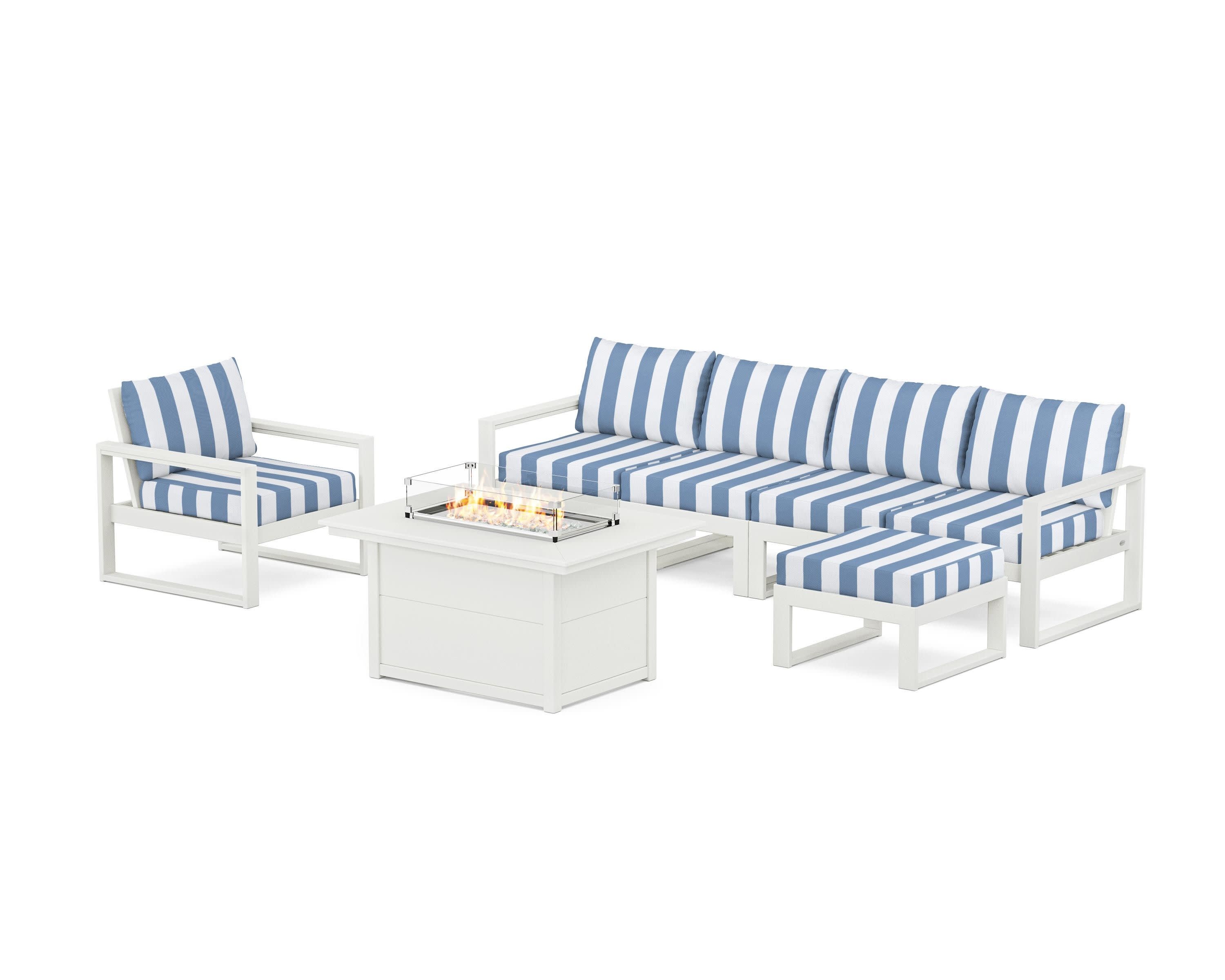 EDGE Sectional Lounge and Fire Pit Set in Vintage White / Cabana Stripe Sky Blue