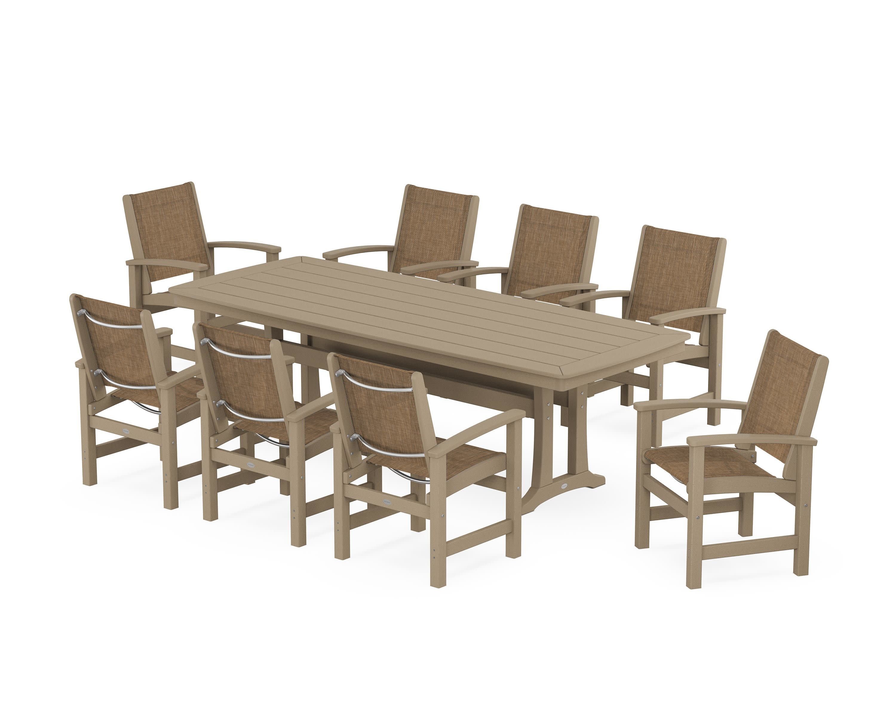Coastal 9-Piece Dining Set with Trestle Legs in Vintage Sahara / Burlap Sling