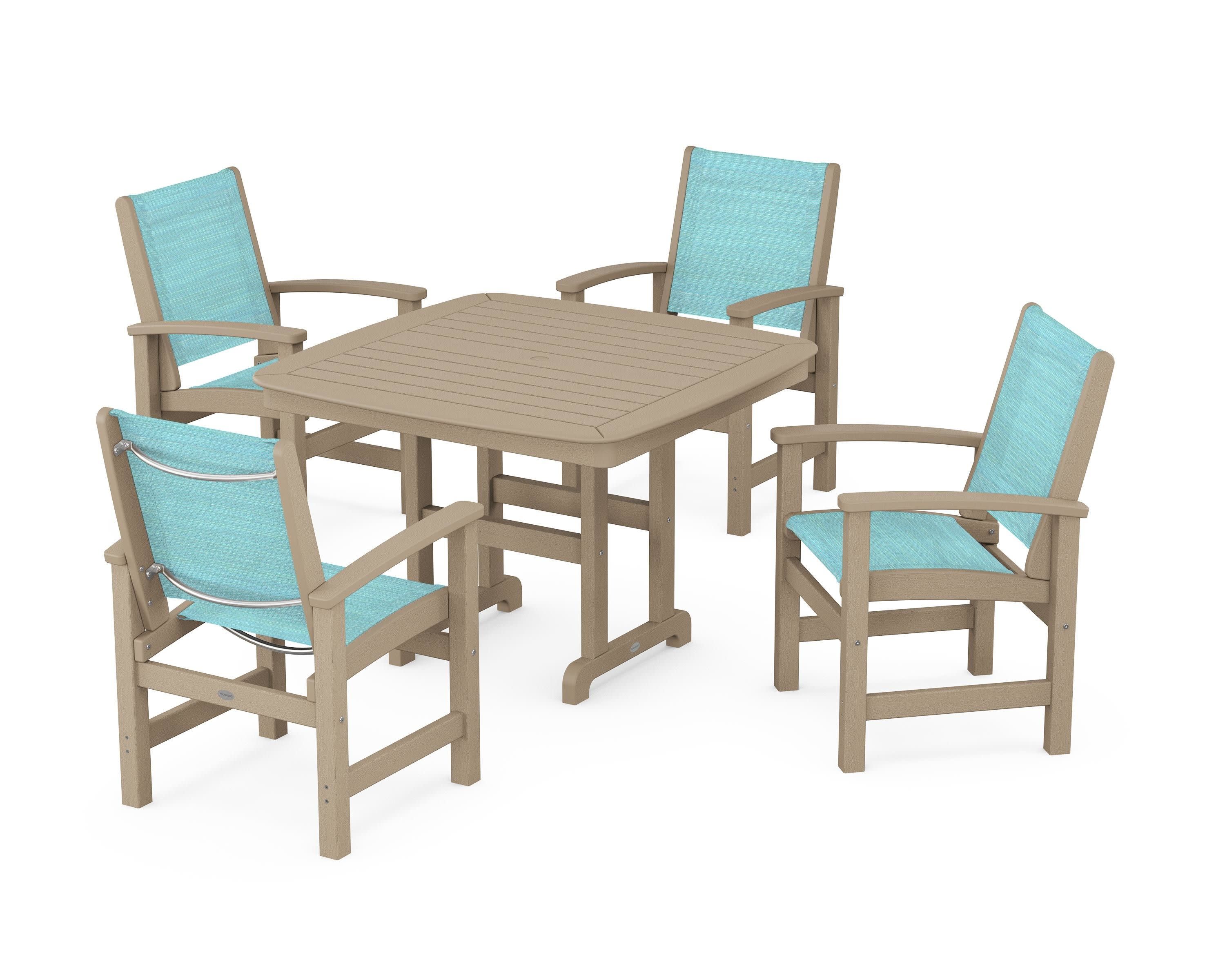 Coastal 5-Piece Dining Set in Vintage Sahara / Dupioni Aquamarine Sling