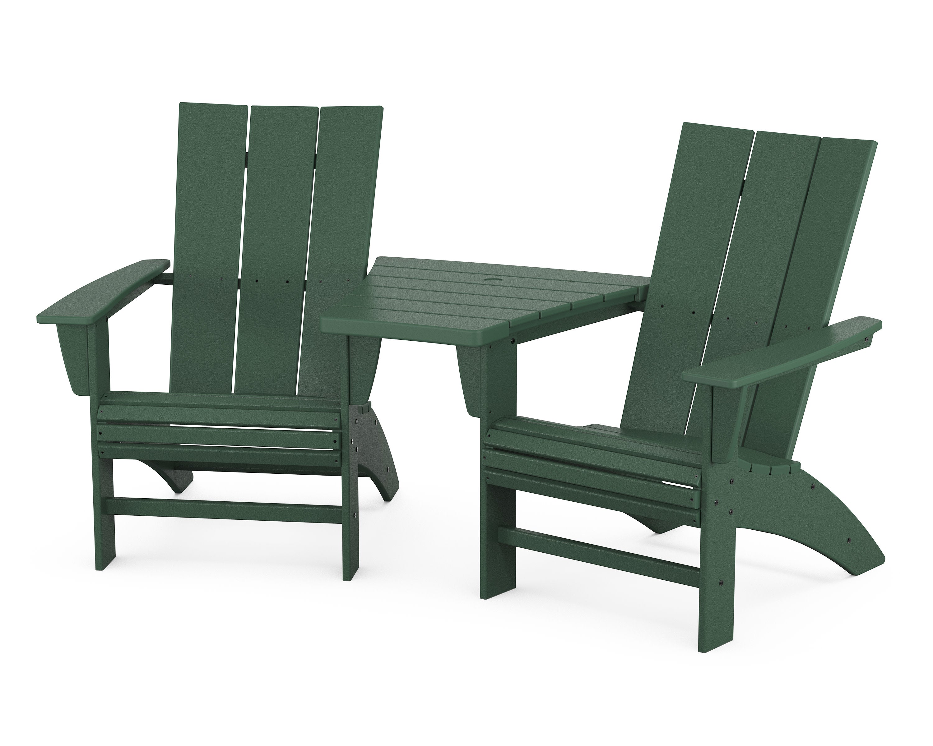 Modern 3-Piece Curveback Adirondack Set with Angled Connecting Table in Green