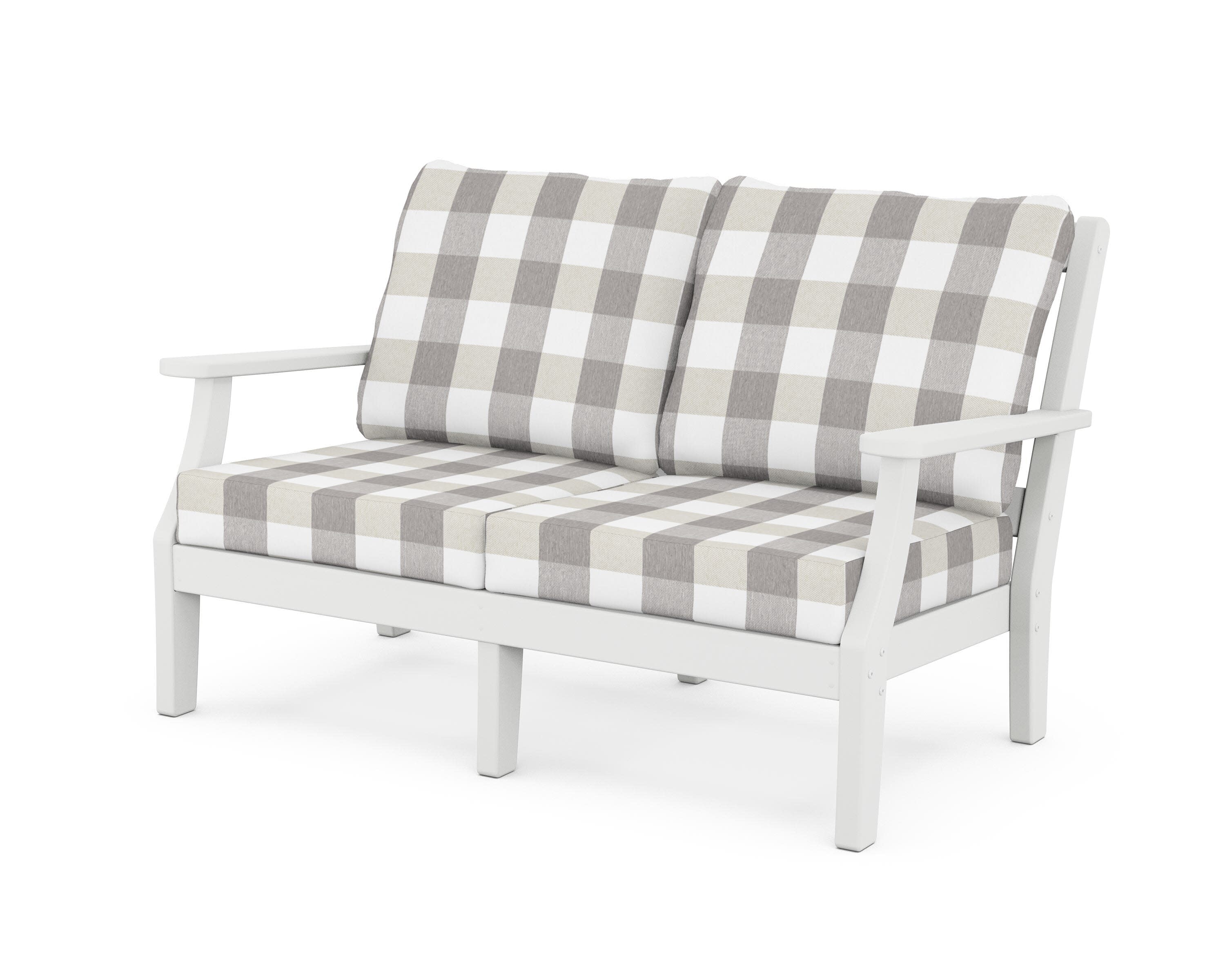 Chinoiserie Deep Seating Loveseat in White / Buffalo Plaid Grey Mist