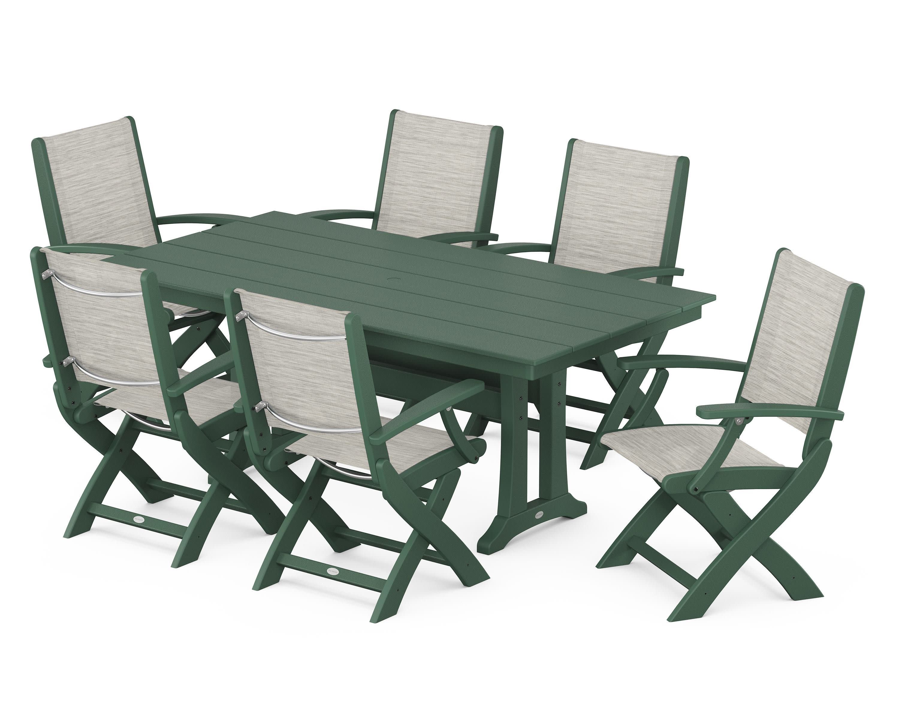 Coastal Folding Arm Chair 7-Piece Farmhouse Dining Set with Trestle Legs in Green / Birch Sling