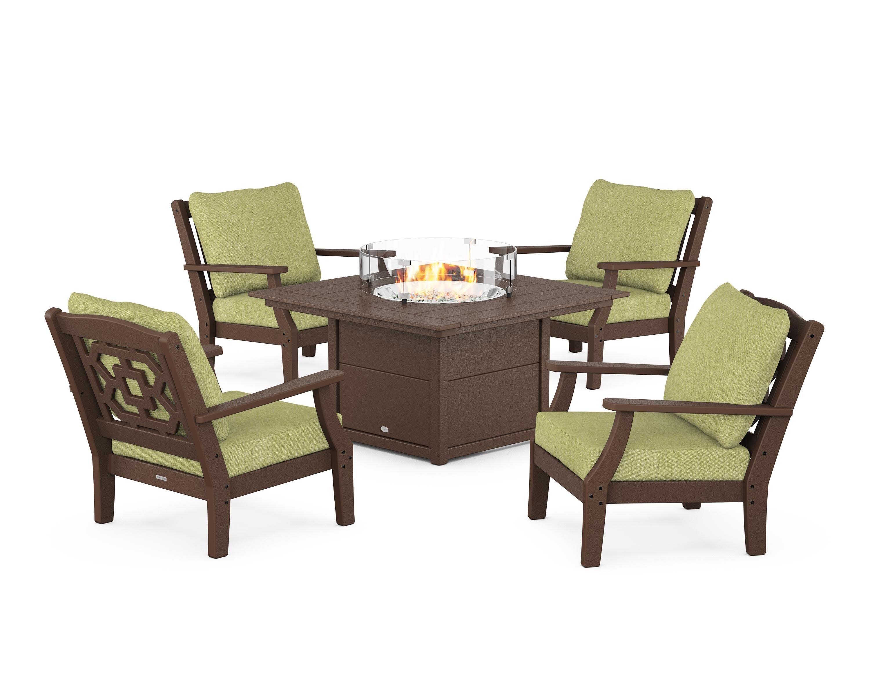 Chinoiserie 5-Piece Deep Seating Set with Fire Pit Table in Mahogany / Chartreuse Boucle