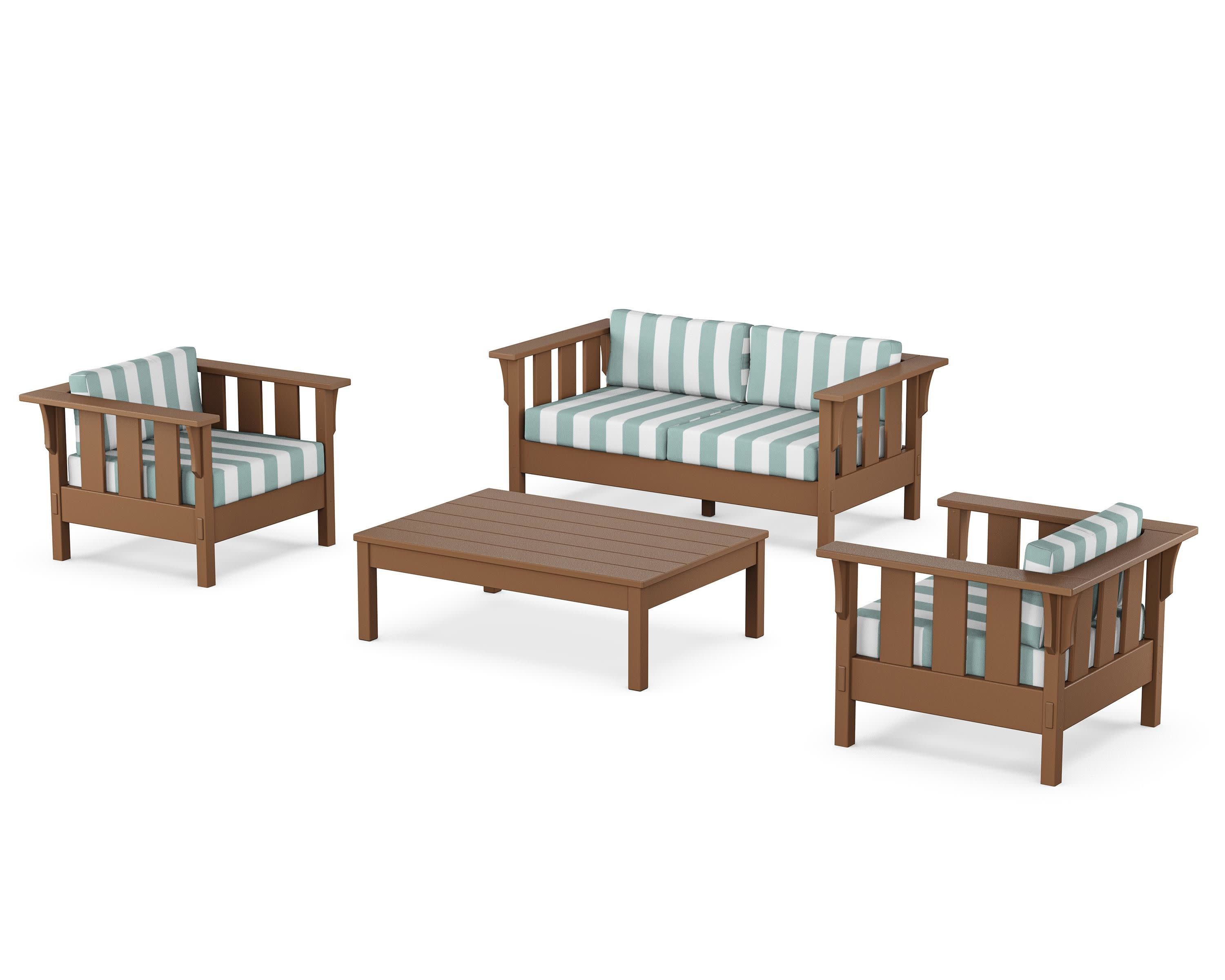 Acadia 4-Piece Deep Seating Set with Loveseat in Teak / Cabana Stripe Glacier Spa