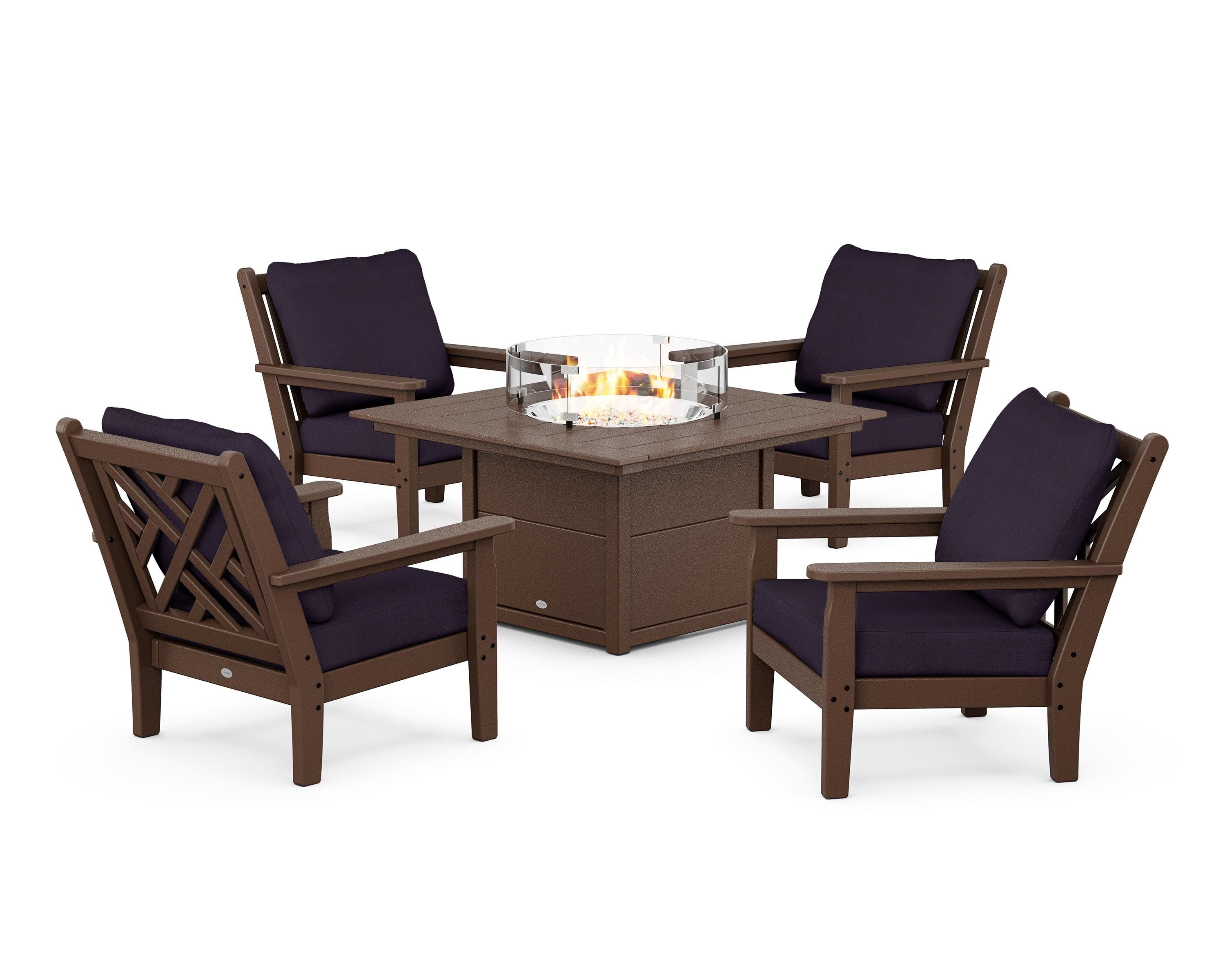 Chippendale 5-Piece Deep Seating Set with Fire Pit Table in Mahogany / Navy Linen