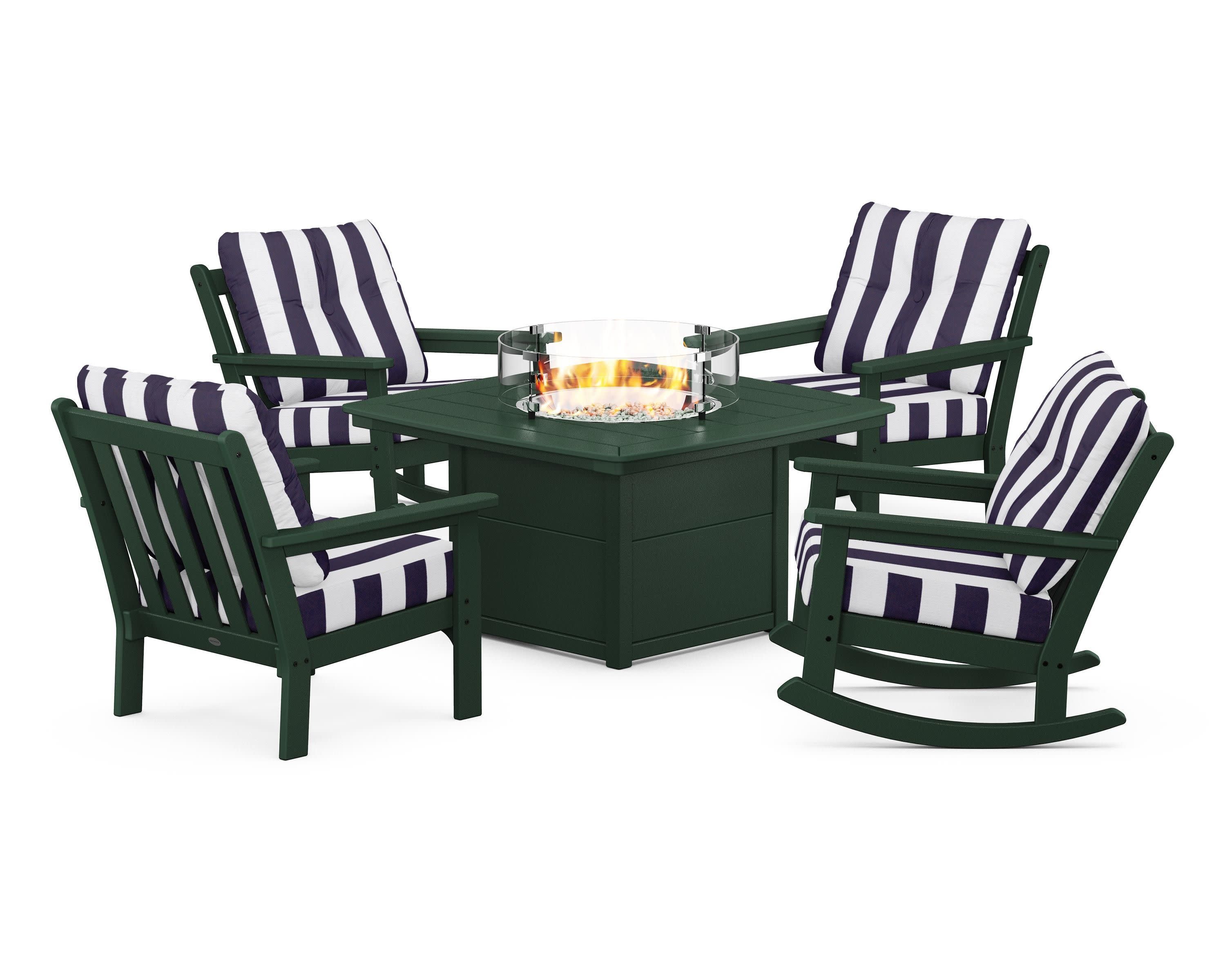 Vineyard 5-Piece Deep Seating Rocking Chair Conversation Set with Fire Pit Table in Green / Cabana Stripe Navy