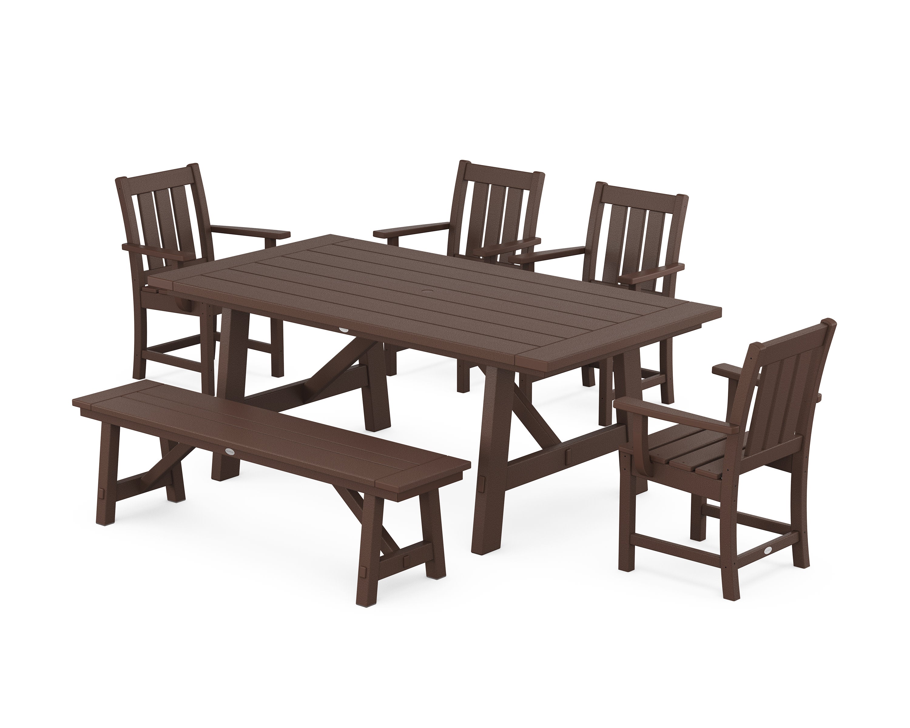 Oxford 6-Piece Rustic Farmhouse Dining Set with Bench in Mahogany