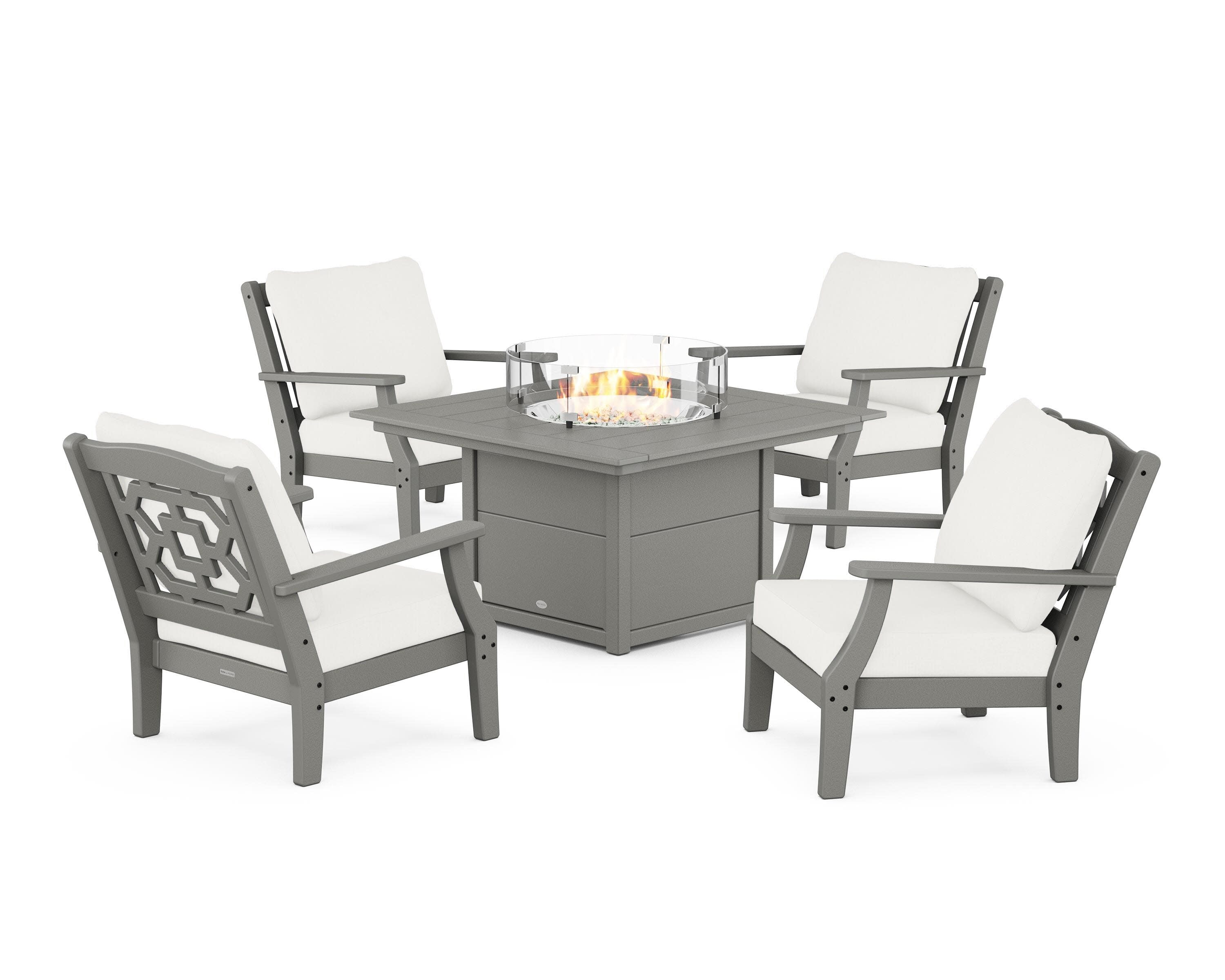Chinoiserie 5-Piece Deep Seating Set with Fire Pit Table in Slate Grey / Natural Linen